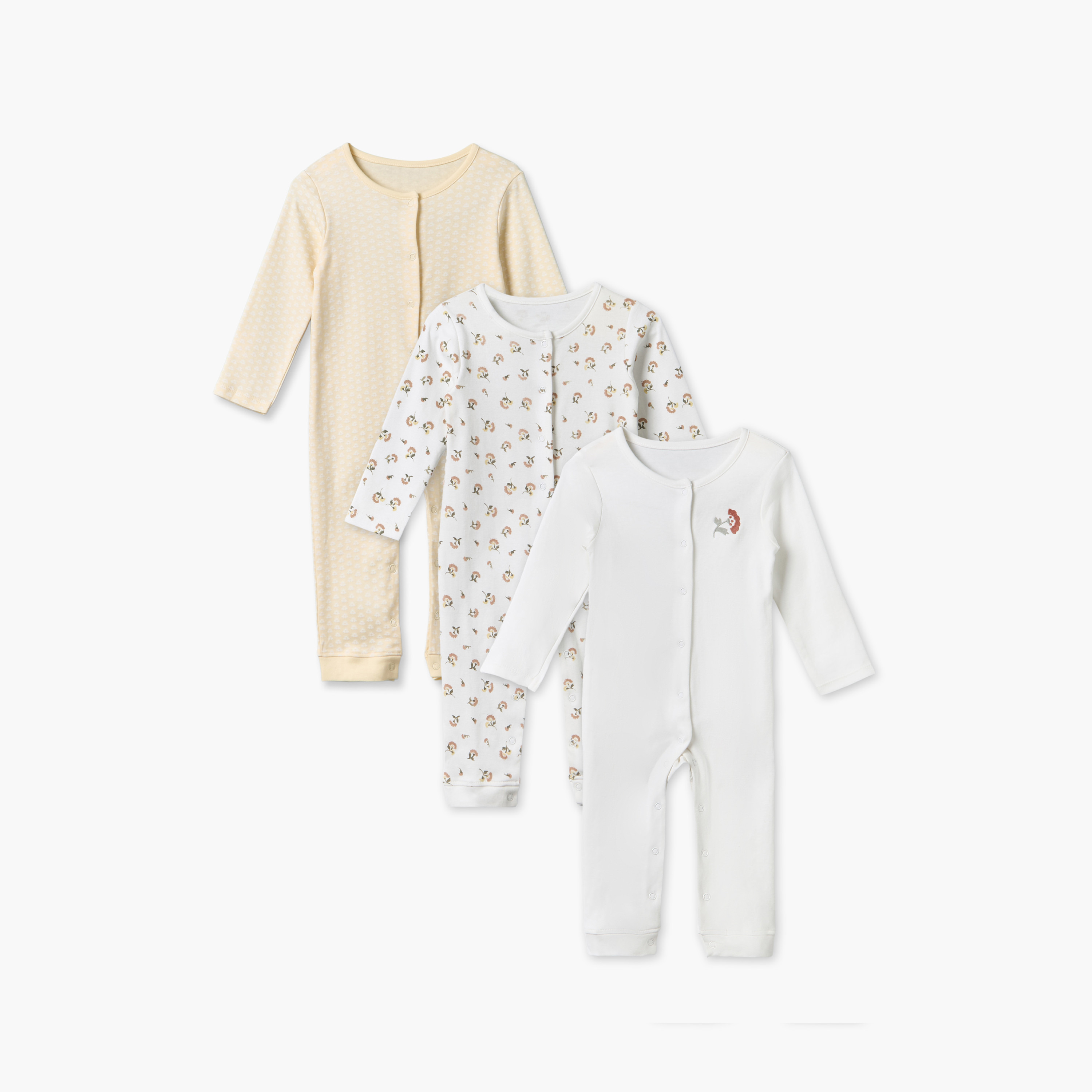 Pack of 3 Juniors Crew Neck Long Sleeves Sleepsuit with Floral Print-baby-girls-clothing-nightwear-sleepsuits-image-1