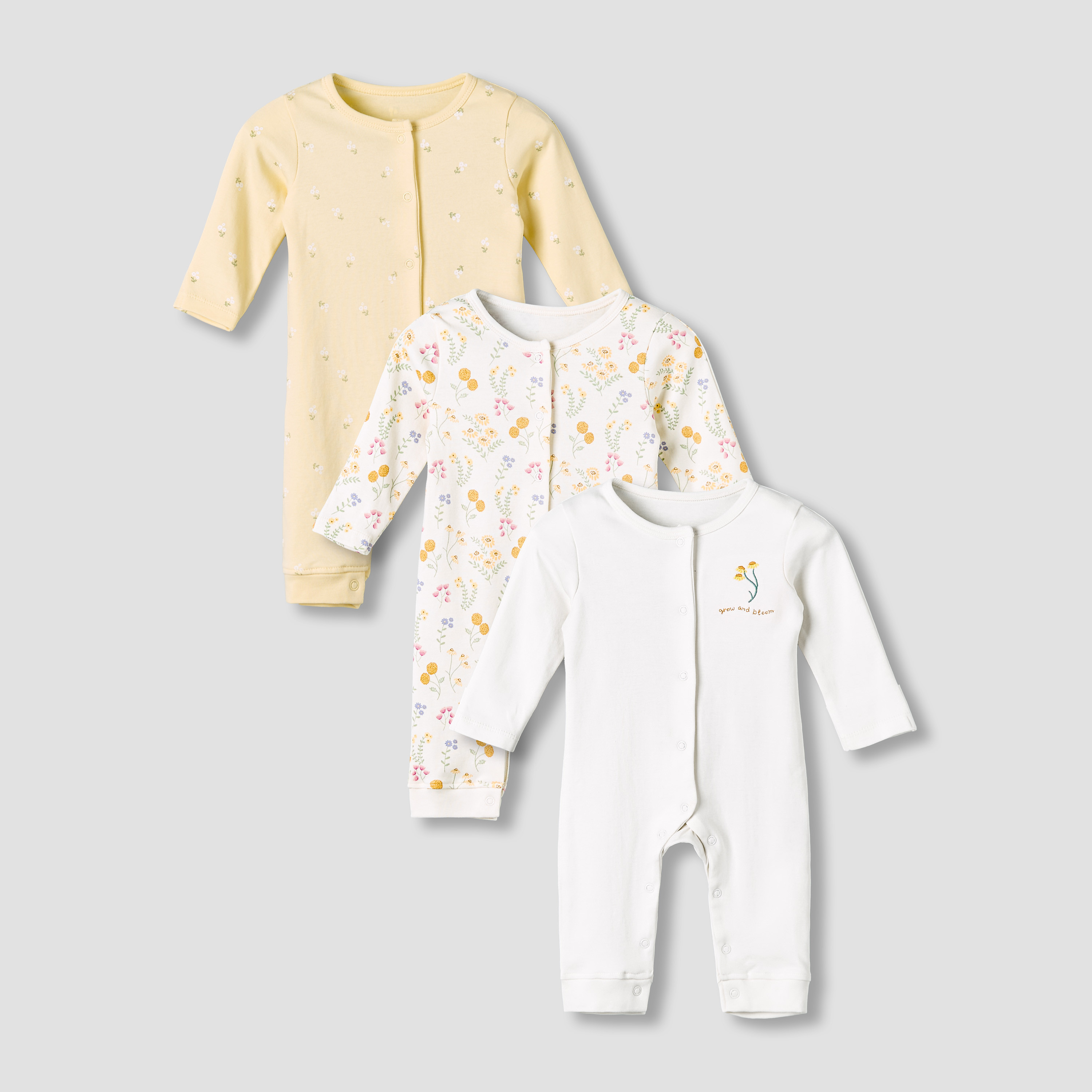 Pack of 3 Juniors Cotton Round Neck Long Sleeve Sleepsuit with Snap Button Closure-baby-girls-clothing-nightwear-sleepsuits-image-1