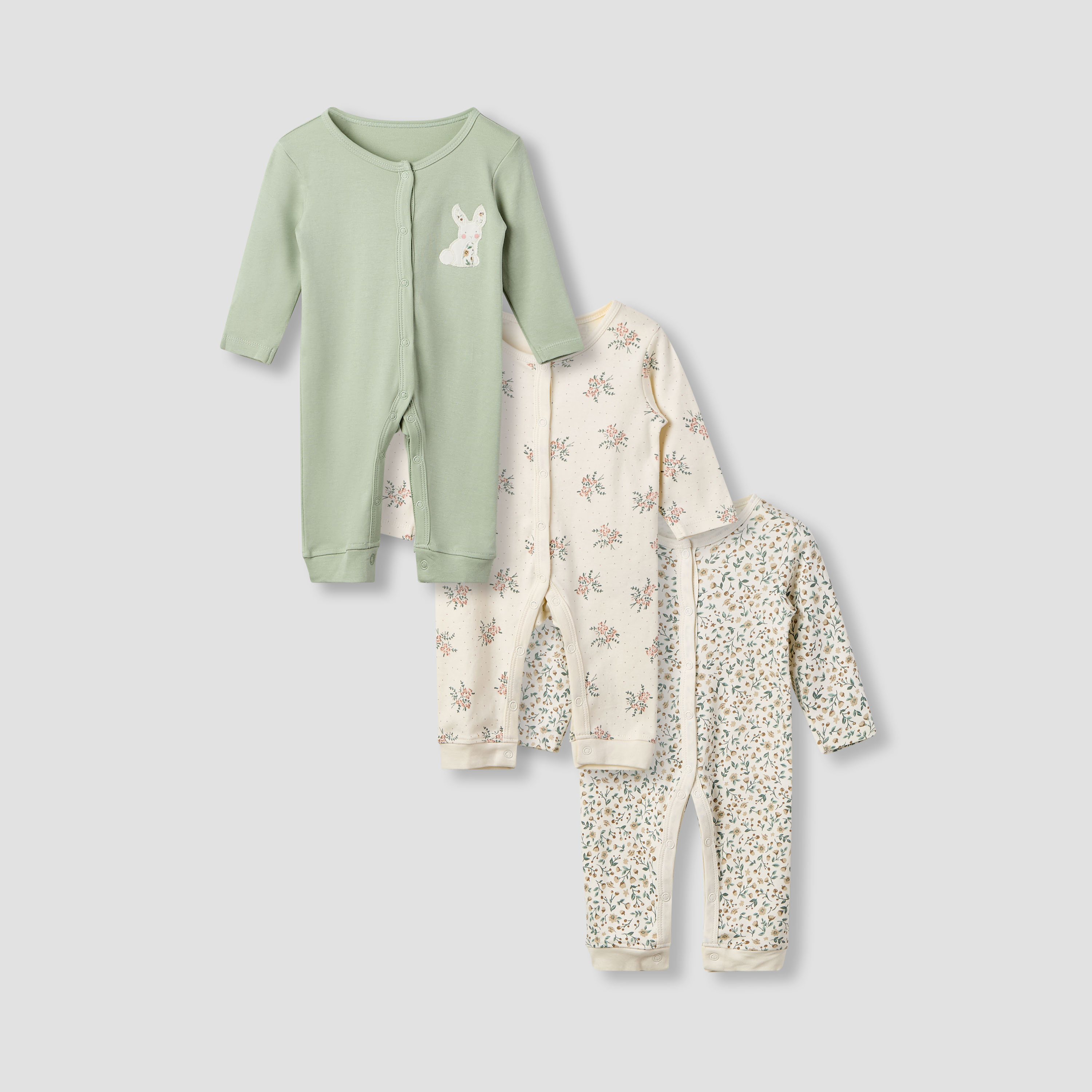Juniors Floral Print Sleepsuit with Long Sleeves - Set of 3-baby-girls-clothing-nightwear-sleepsuits-image-1