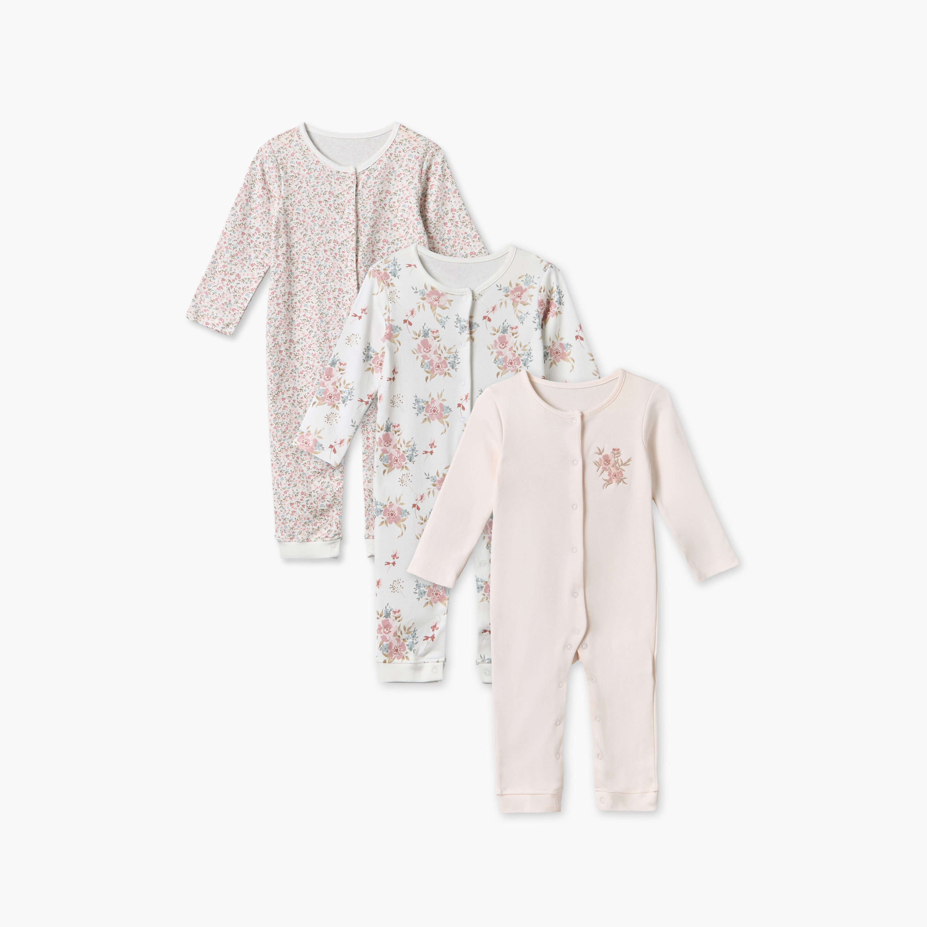 Pack of 3 Juniors Round Neck Long Sleeves Sleepsuit with Floral Print-baby-girls-clothing-nightwear-sleepsuits-image-1