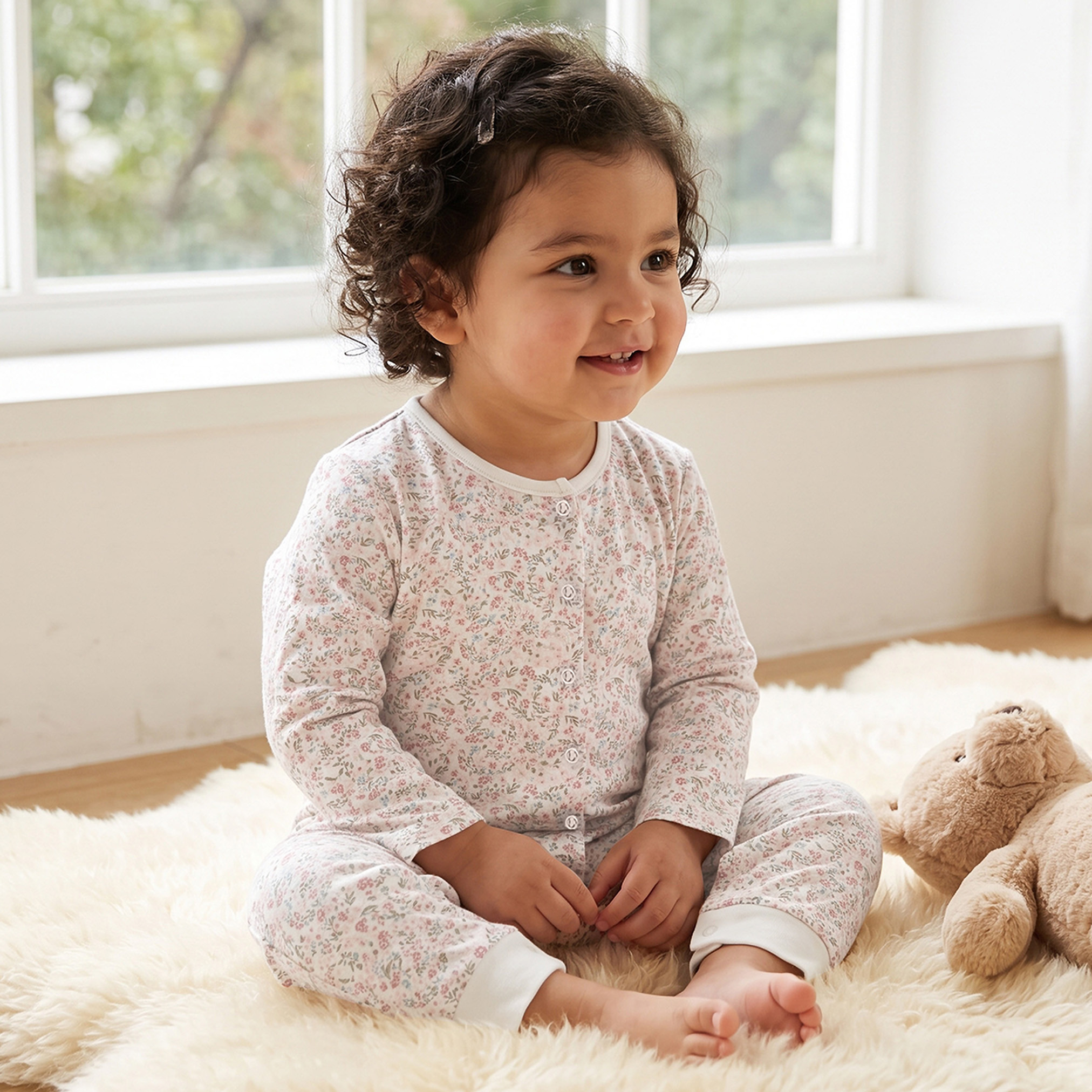 طقم بدل نوم بياقة مستديرة وأكمام طويلة بطبعة زهور من جونيورز - 3 قطع-baby-girls-clothing-nightwear-sleepsuits-image-2