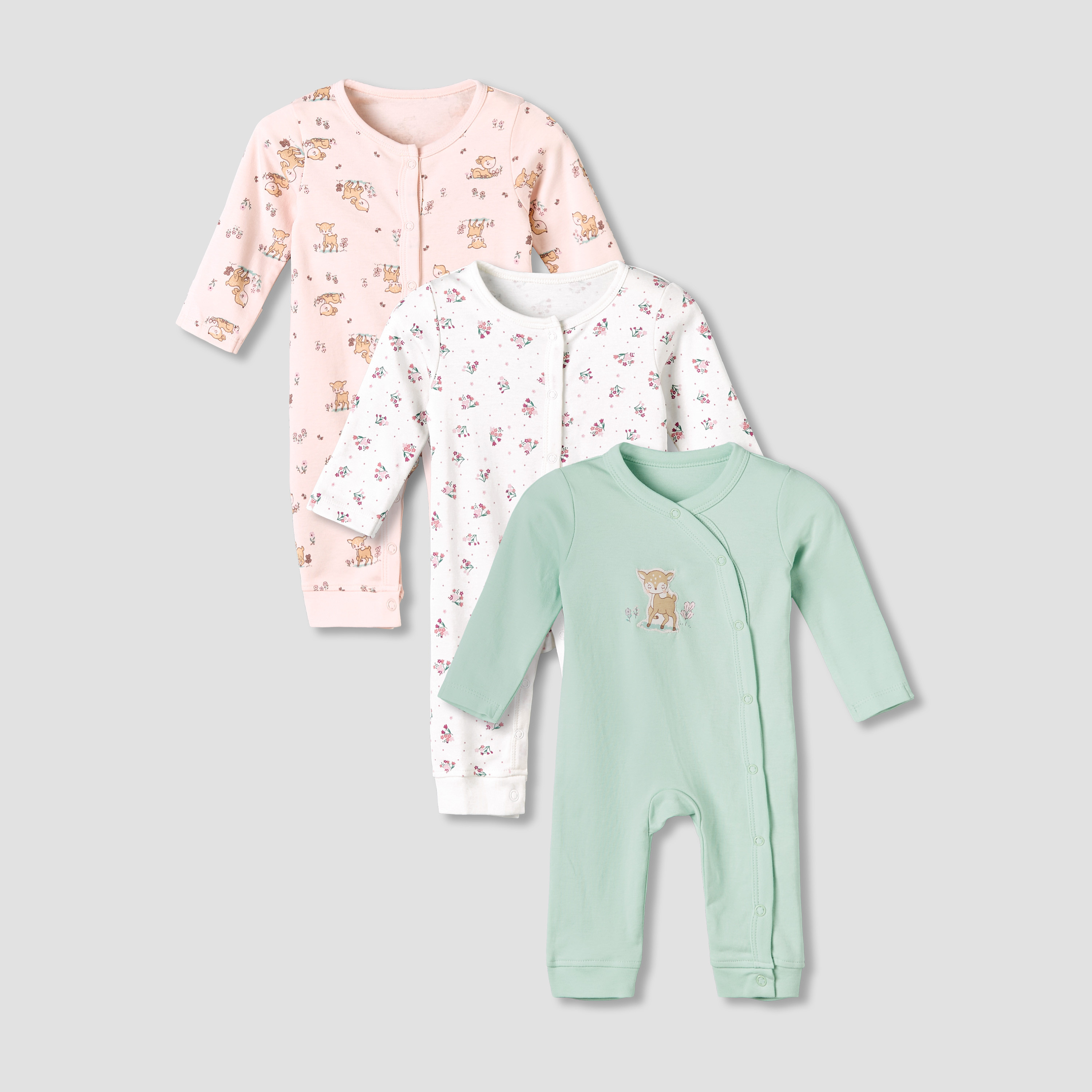 Pack of 3 Juniors Cotton Round Neck Long Sleeve Sleepsuit with Snap Button Closure-baby-girls-clothing-nightwear-sleepsuits-image-1