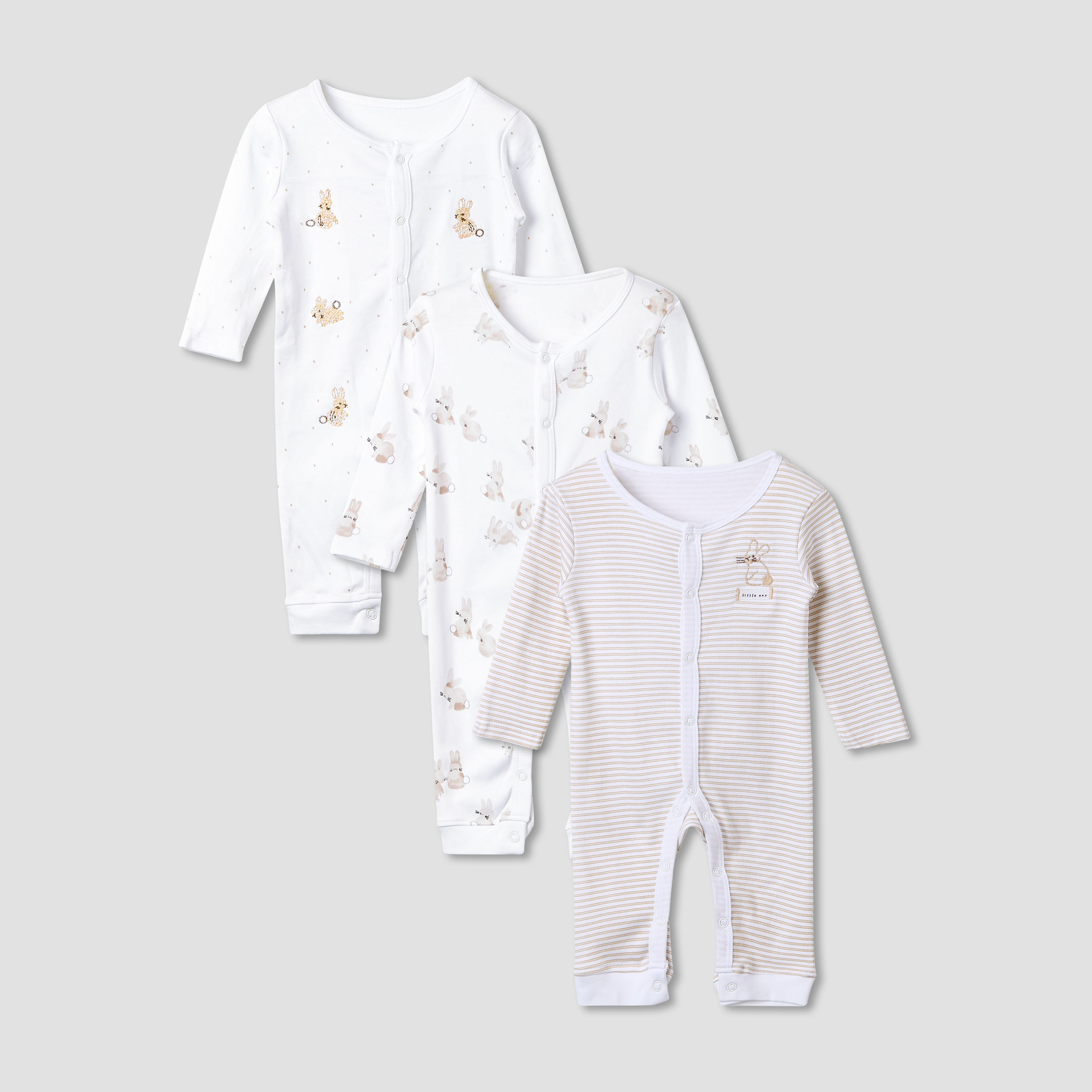 Juniors Bunny Print Sleepsuit with Long Sleeves - Set of 3-baby-girls-clothing-nightwear-sleepsuits-image-1