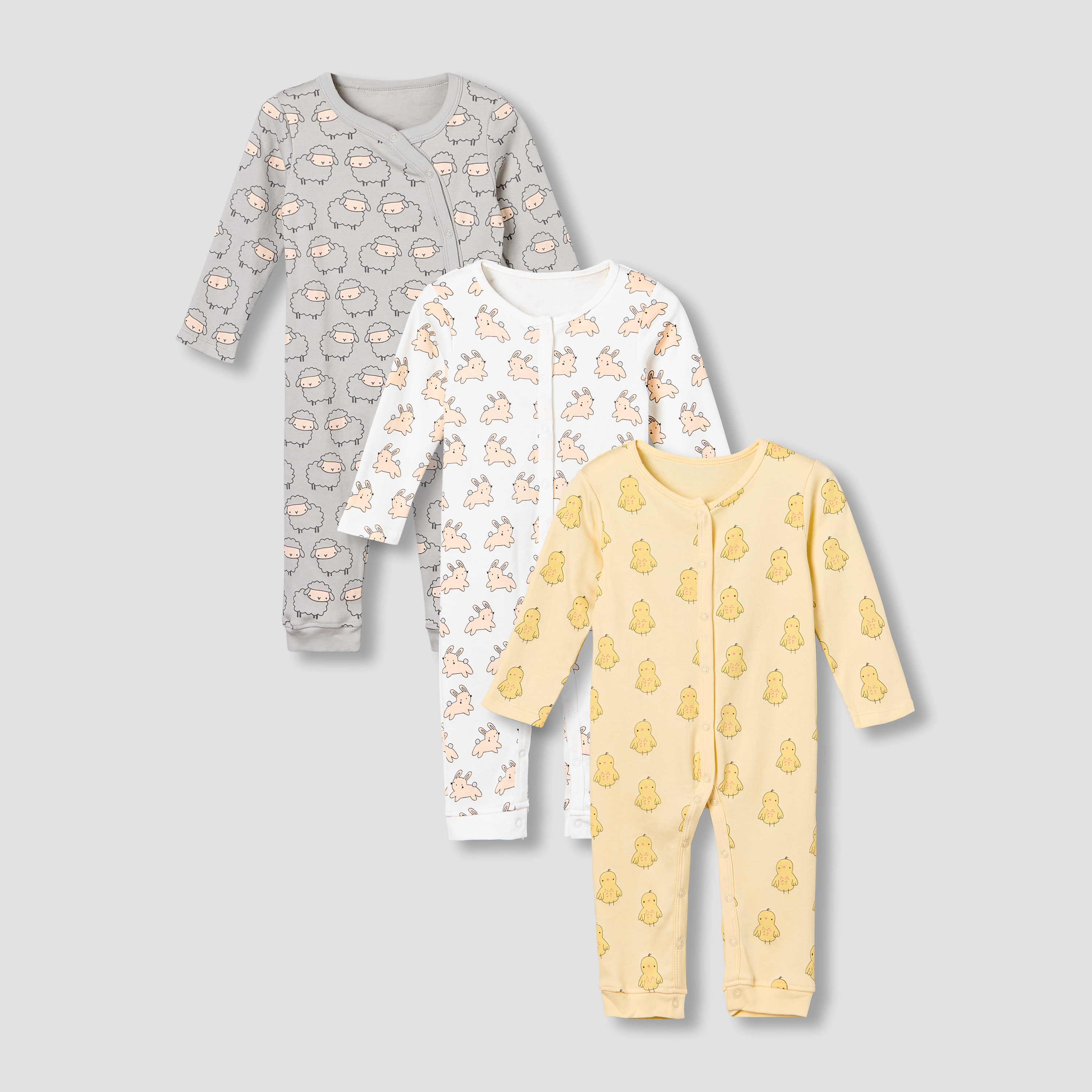 Pack of 3 Juniors Cotton Round Neck Long Sleeves Sleepsuit with Animal Print-baby-girls-clothing-nightwear-sleepsuits-image-1