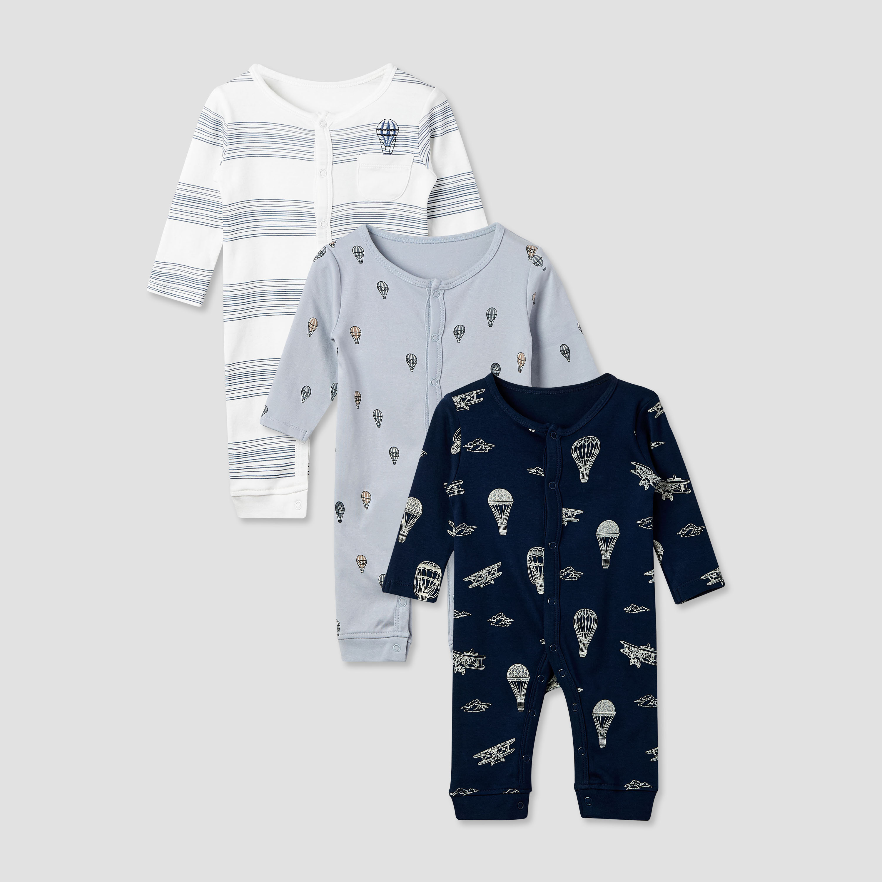 Juniors Hot Air Balloon Print Sleepsuit with Long Sleeves - Set of 3-baby-boys-clothing-nightwear-sleepsuits-image-1