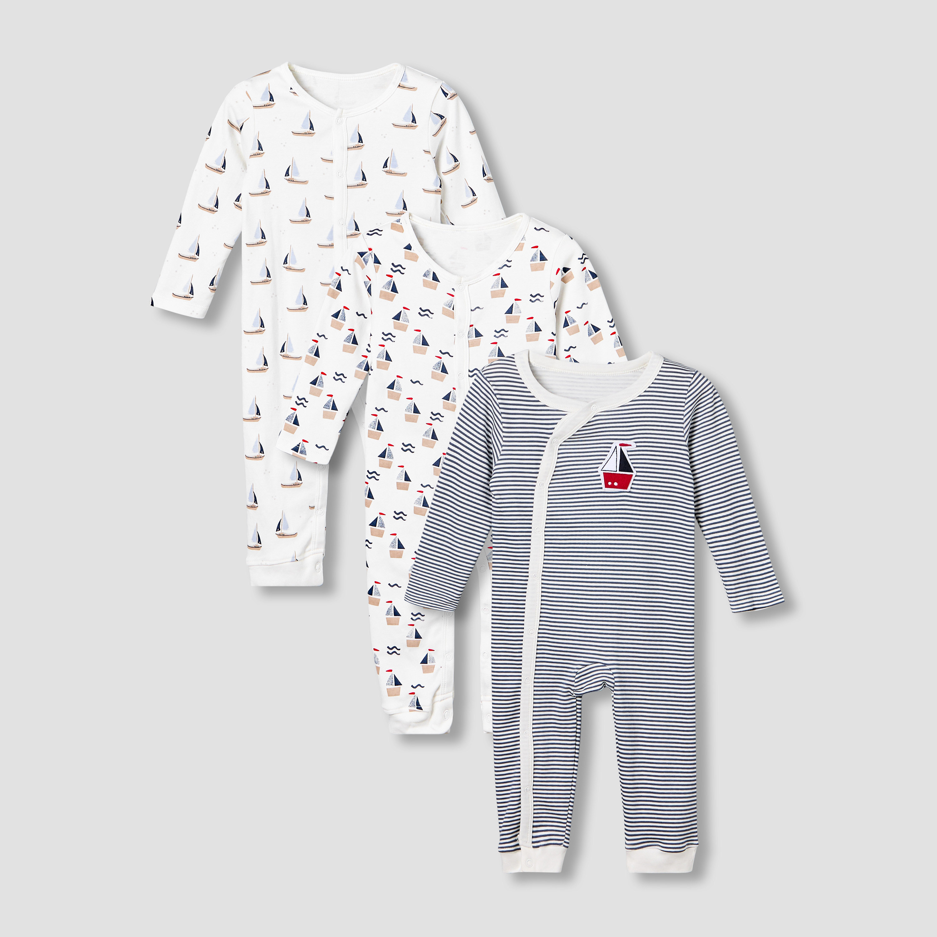 Pack of 3 Juniors Cotton Round Neck Long Sleeves Sleepsuit with Sailboat Print-baby-boys-clothing-nightwear-sleepsuits-image-1