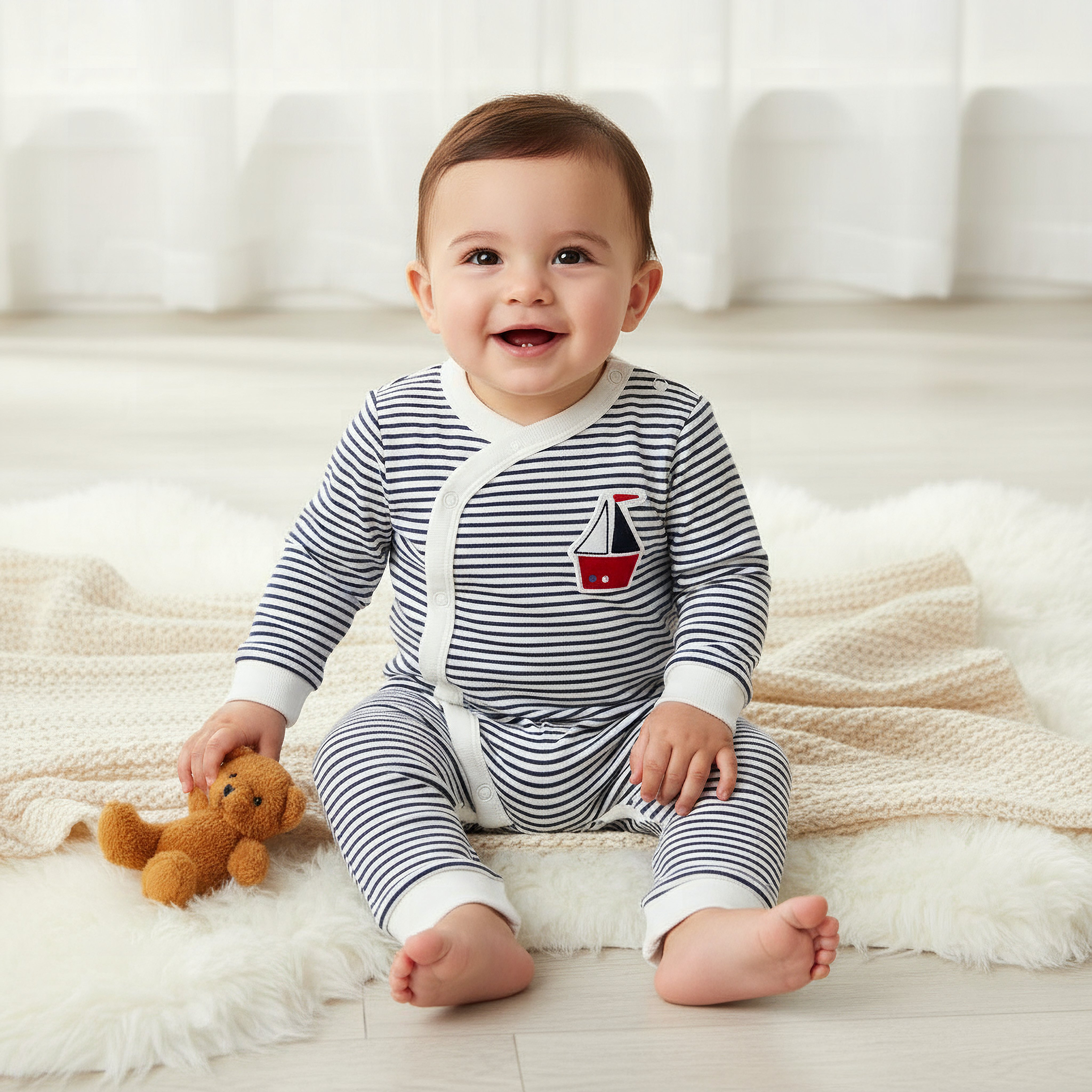 بدلات نوم قطن بطبعات قوارب بياقة مستديرة وأكمام طويلة من جونيورز - عبوة 3 قطع-baby-boys-clothing-nightwear-sleepsuits-image-2