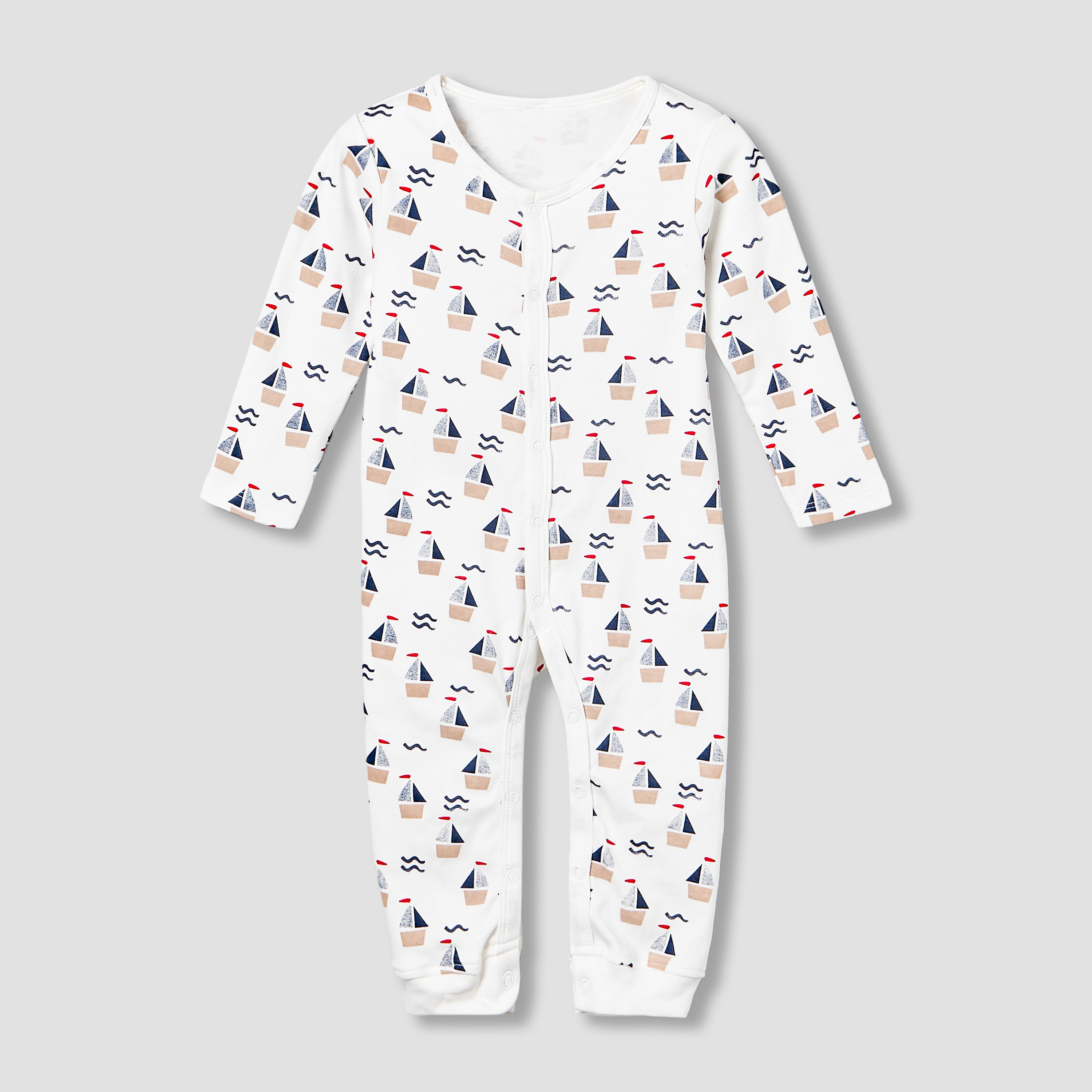 Pack of 3 Juniors Cotton Round Neck Long Sleeves Sleepsuit with Sailboat Print-baby-boys-clothing-nightwear-sleepsuits-image-4