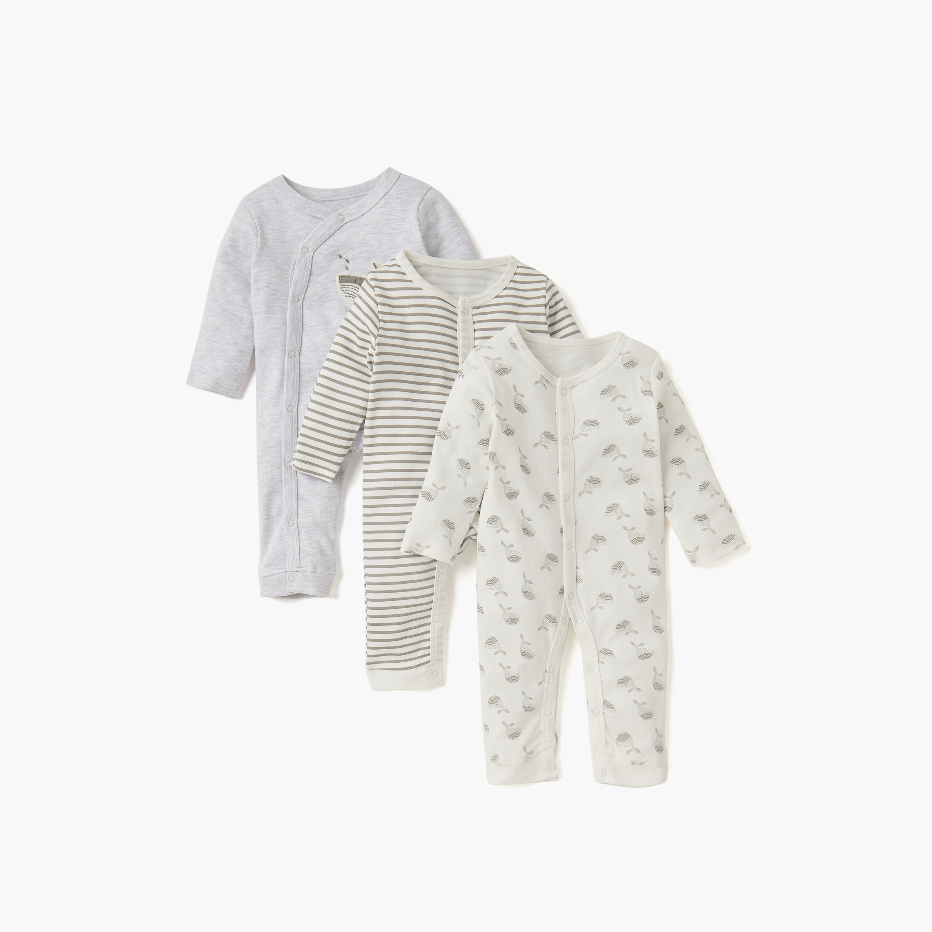 Juniors Printed Sleepsuit with Long Sleeves and Button Closure - Set of 3-promo_babyshop_Buy2for115_UAE130126-image-1