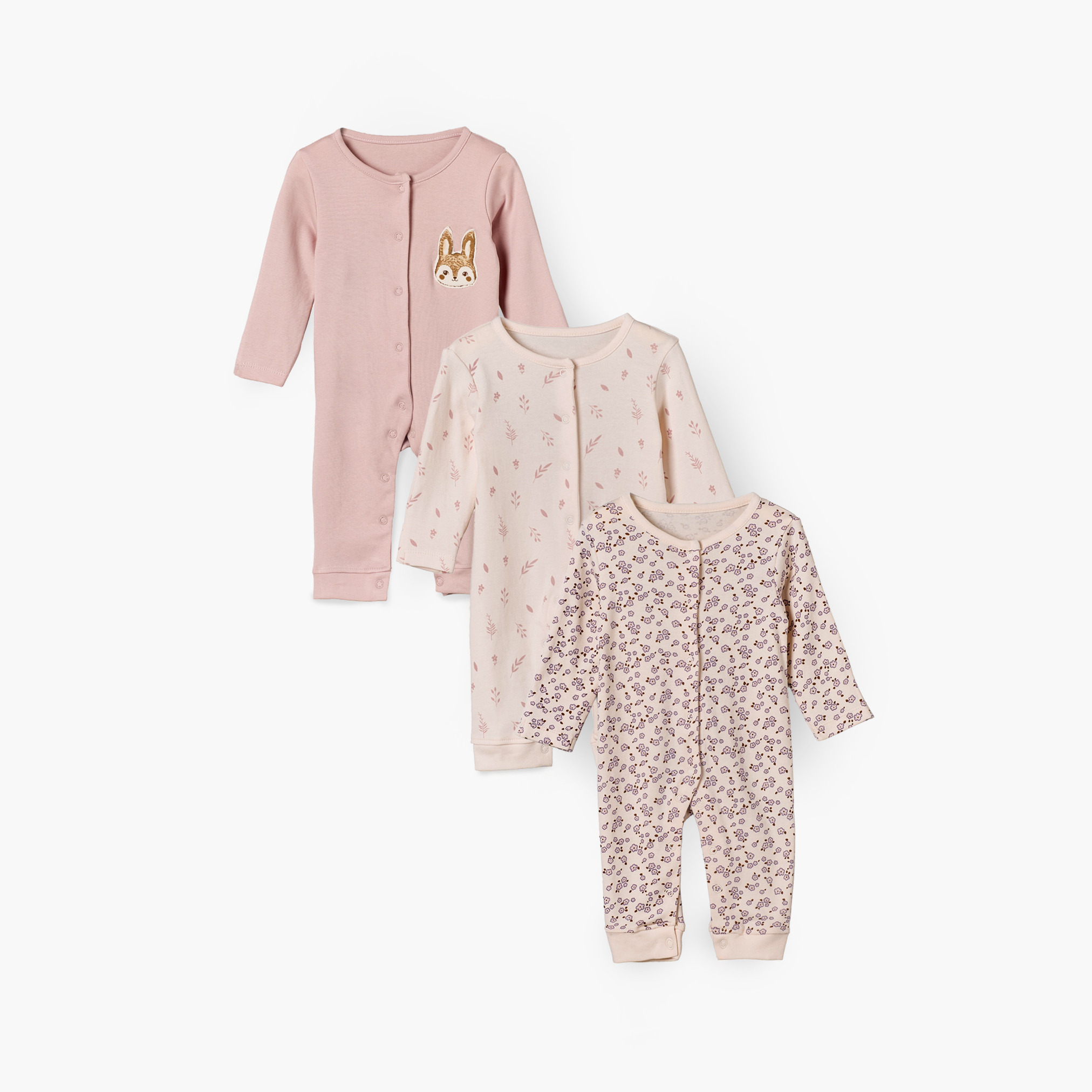 Pack of 3 Juniors Cotton Crew Neck Long Sleeves Sleepsuit with Fox Print-baby-girls-clothing-nightwear-sleepsuits-image-1
