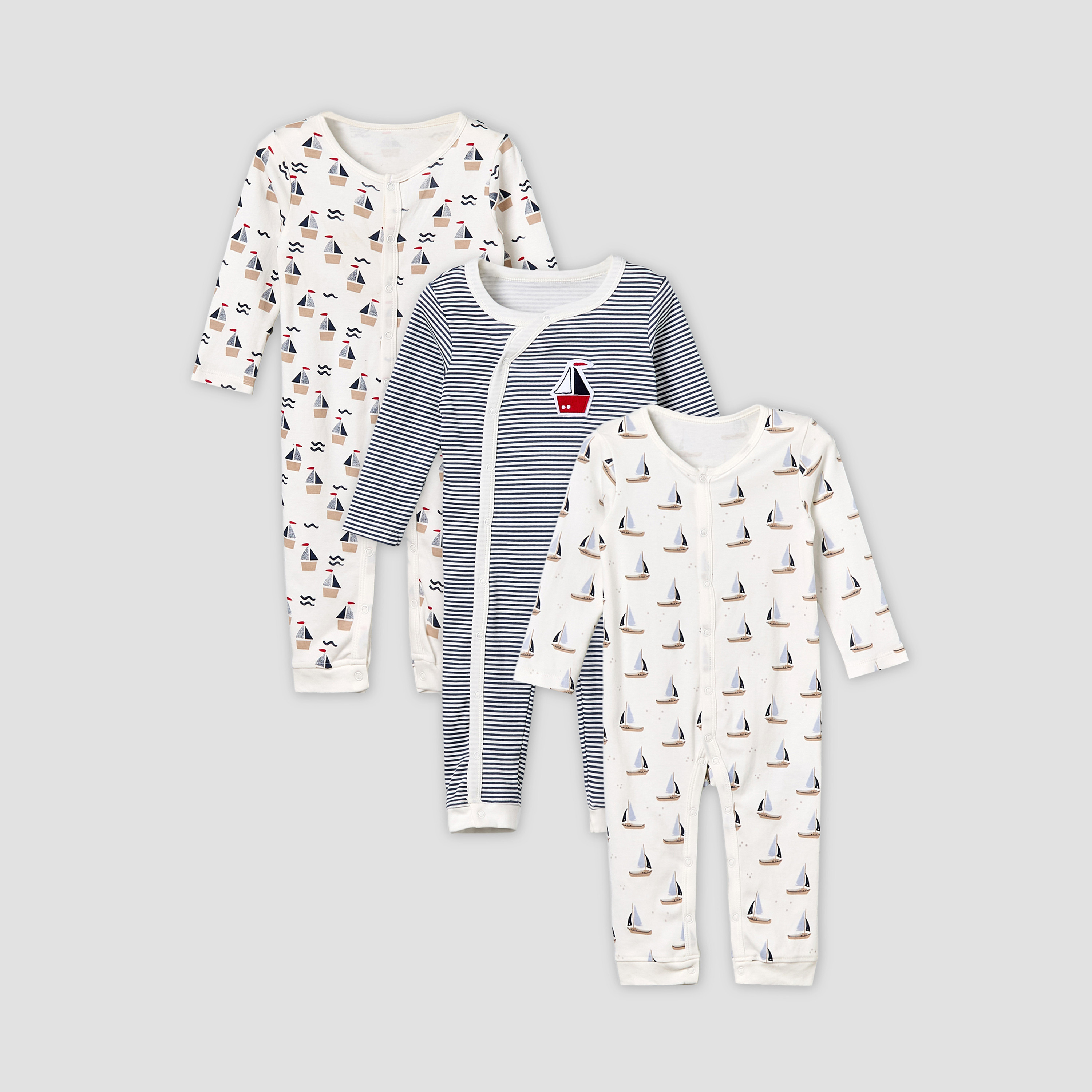 Pack of 3 Juniors Cotton Round Neck Long Sleeves Sleepsuit with Sailboat Print-baby-boys-clothing-nightwear-sleepsuits-image-1