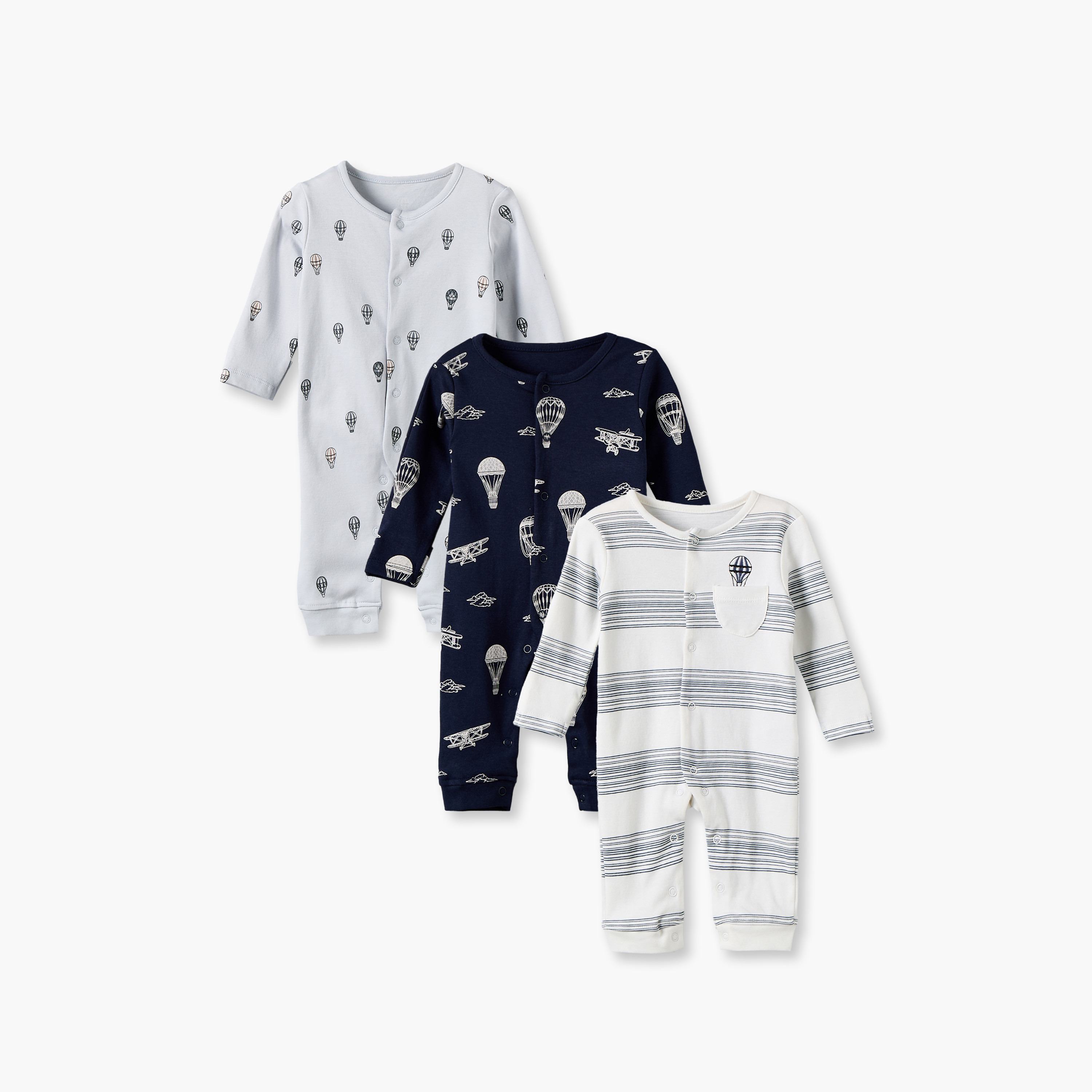 Pack of 3 Juniors Cotton Crew Neck Long Sleeves Sleepsuit with Hot Air Balloon Print-baby-boys-clothing-nightwear-sleepsuits-image-1