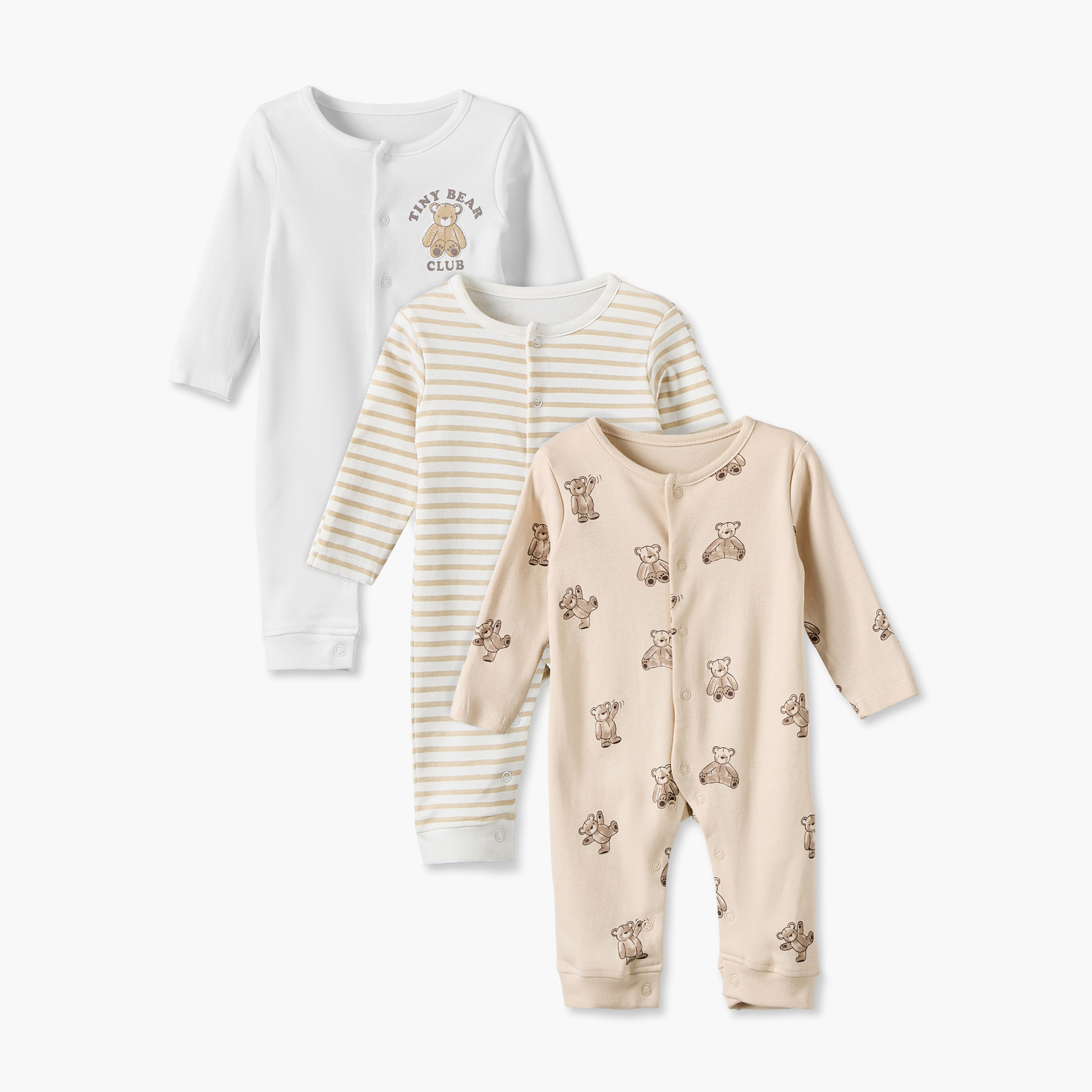 طقم بدلات نوم قطن بأكمام طويلة ورقبة ضيقة وطبعات متنوعة من جونيورز - عبوة من 3 قطع-baby-boys-clothing-nightwear-sleepsuits-image-1