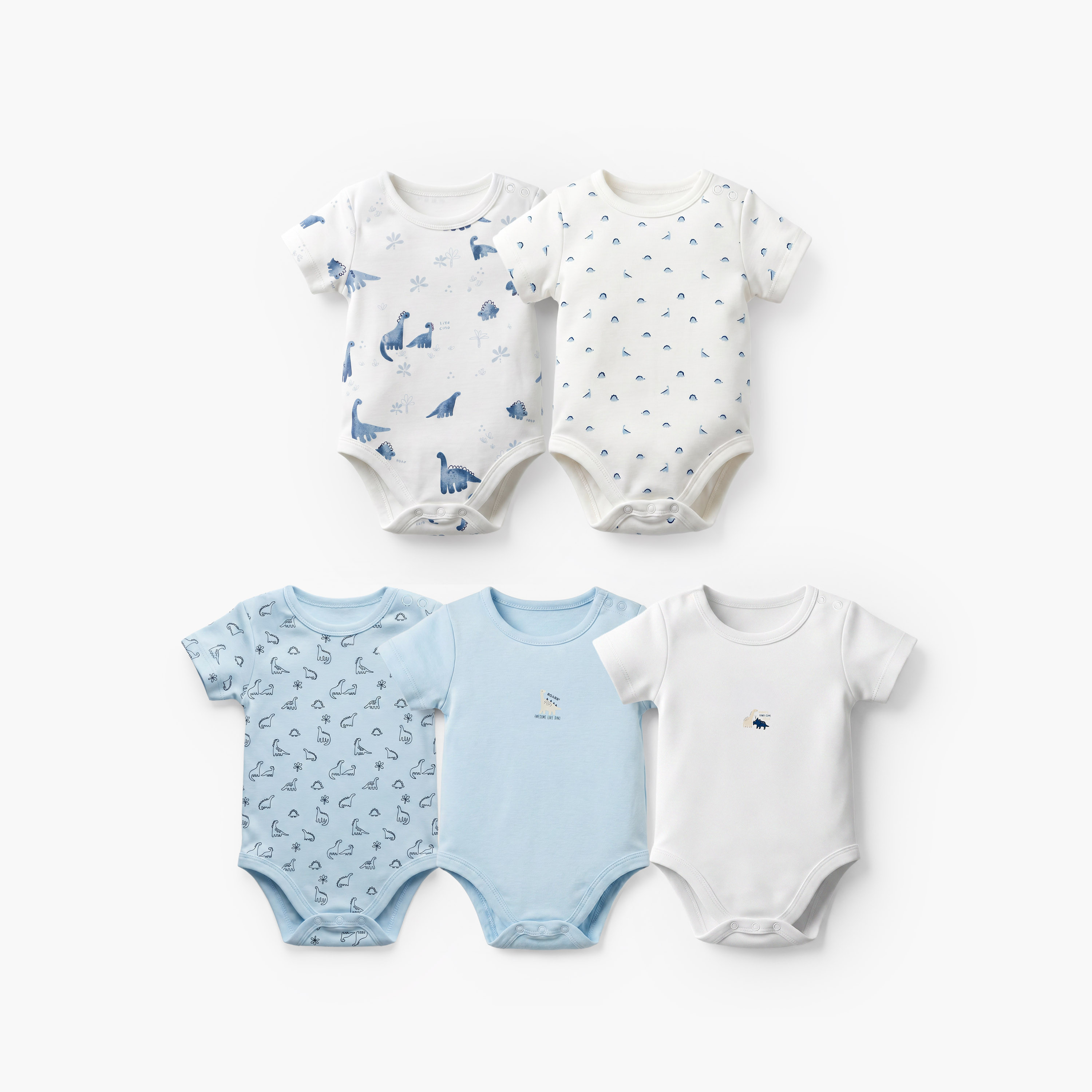 Pack of 5 Juniors Cotton Crew Neck Short Sleeves Bodysuit with Dinosaur Print-baby-boys-clothing-bodysuits-image-1