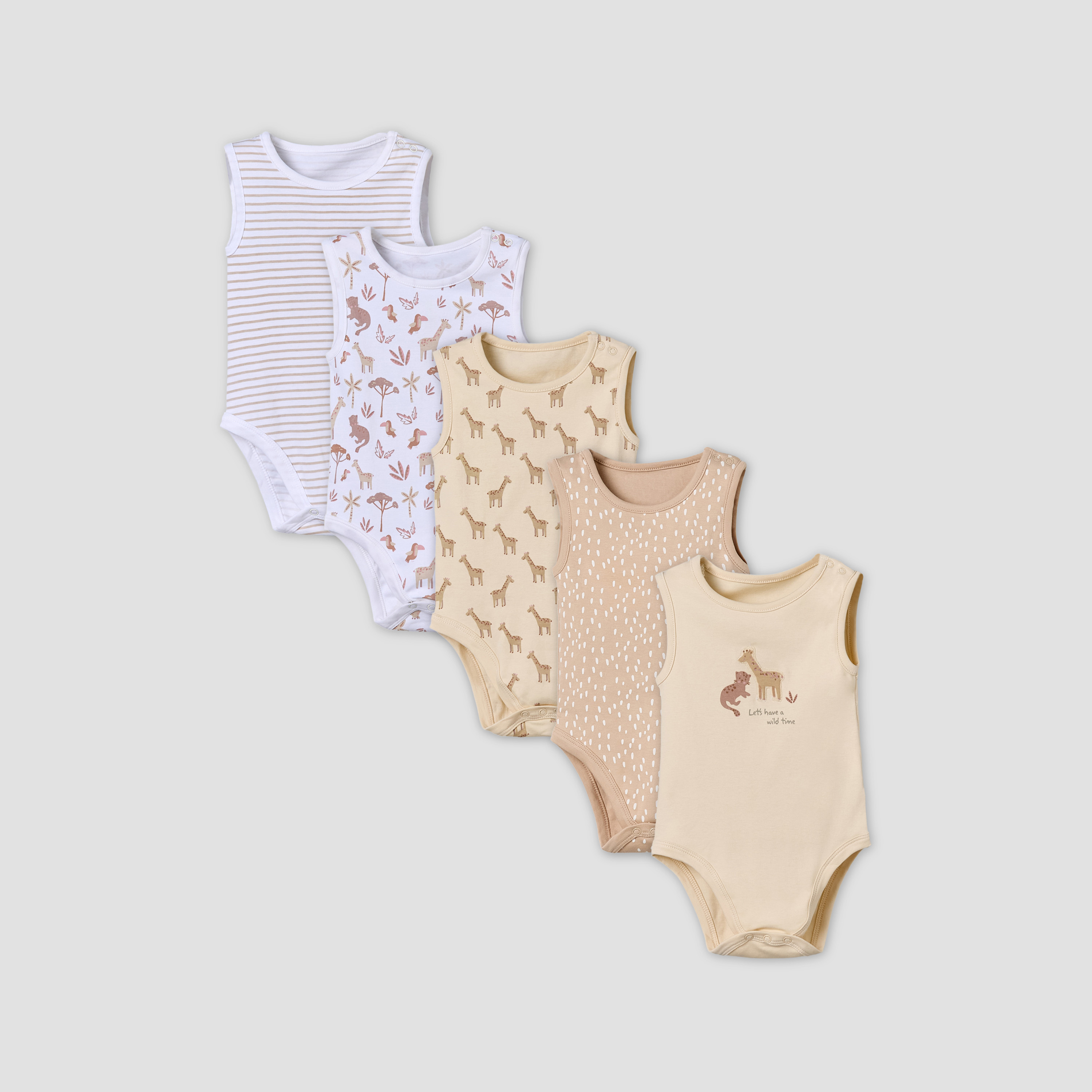 Pack of 5 Juniors Cotton Round Neck Sleeveless Bodysuit with Giraffe Print-baby-boys-clothing-bodysuits-image-1
