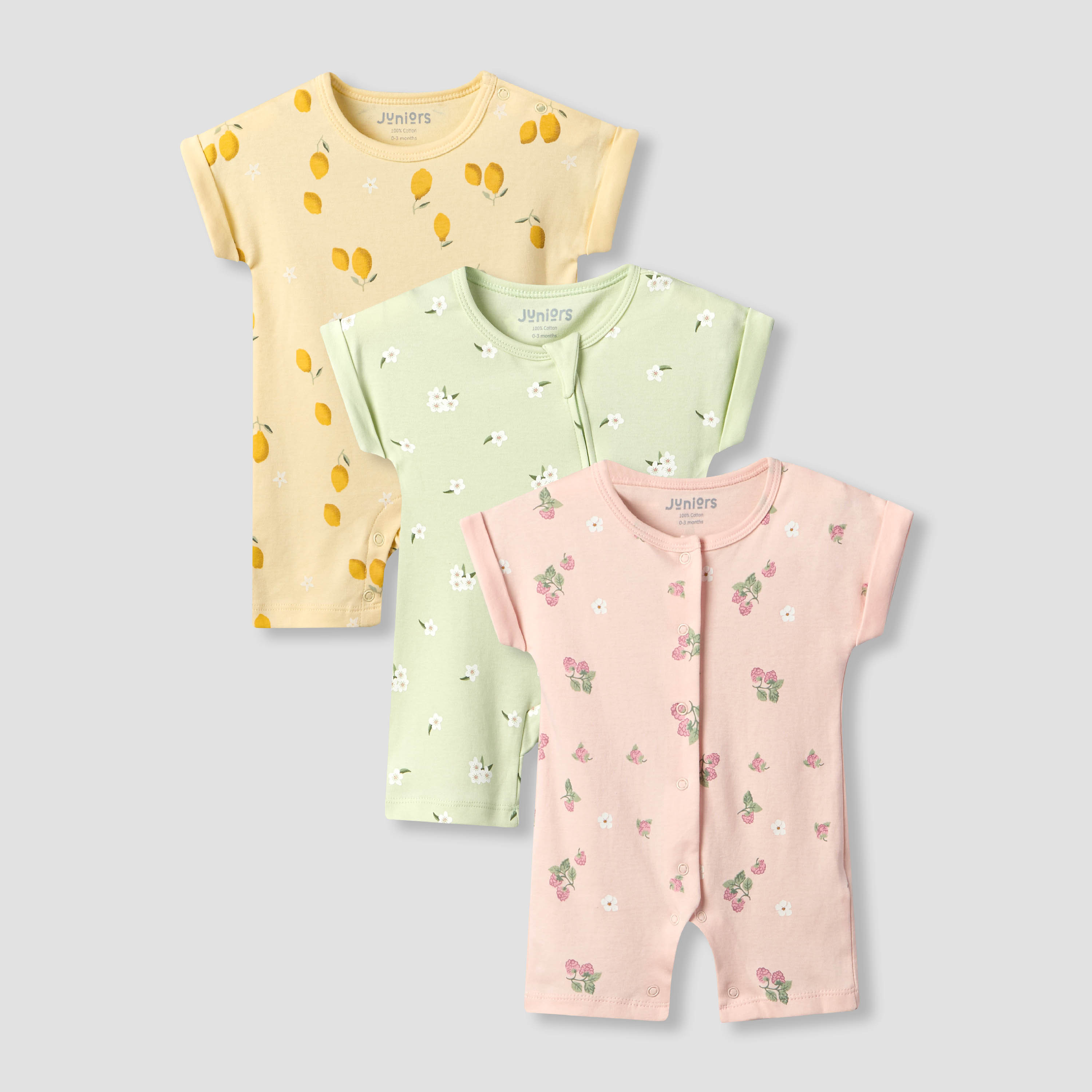 Pack of 3 Juniors Crew Neck Short Sleeves Romper with Assorted Print-baby-girls-clothing-rompers-image-1