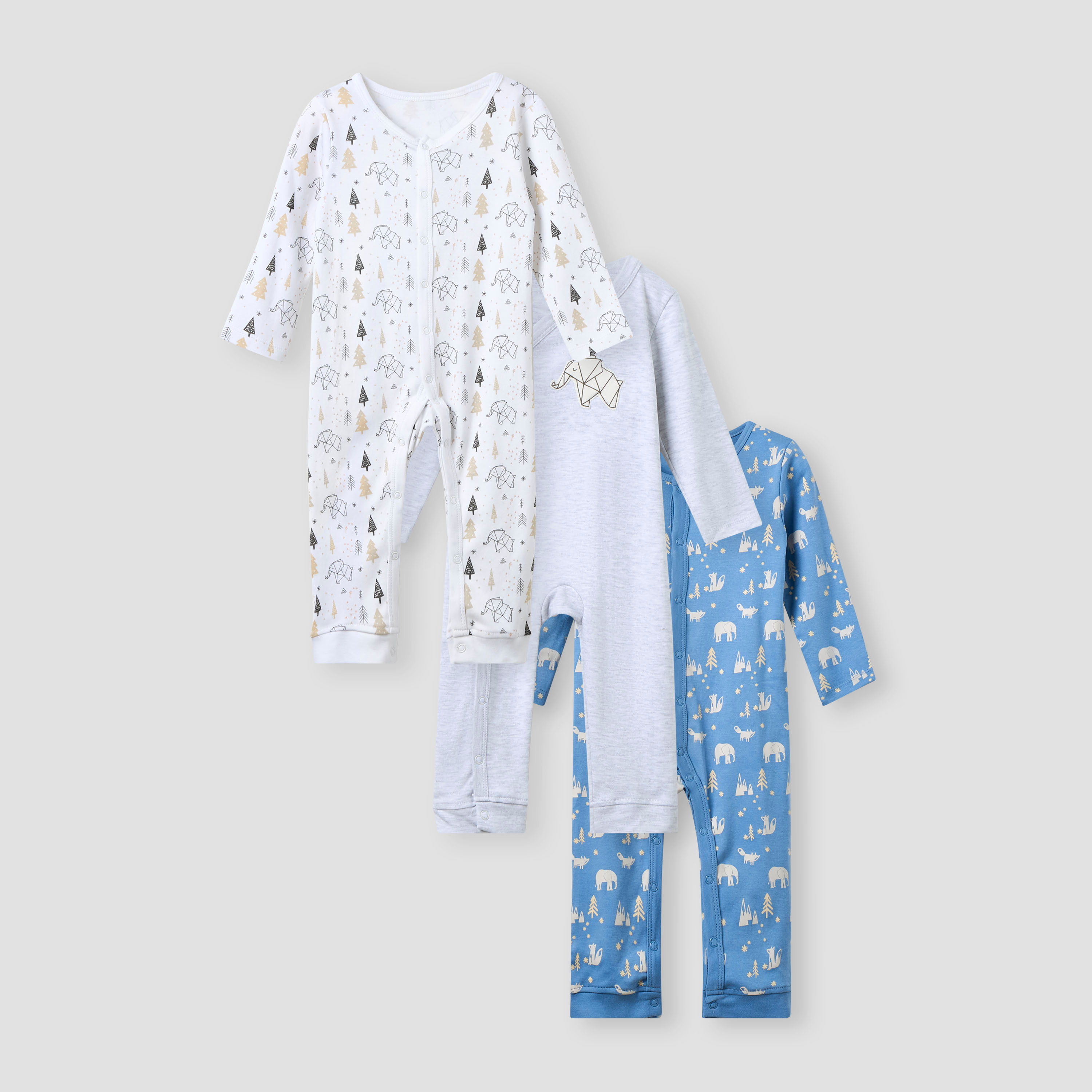 Juniors Assorted Sleepsuit with Long Sleeves and Button Closure - Set of 3-baby-boys-clothing-nightwear-sleepsuits-image-1