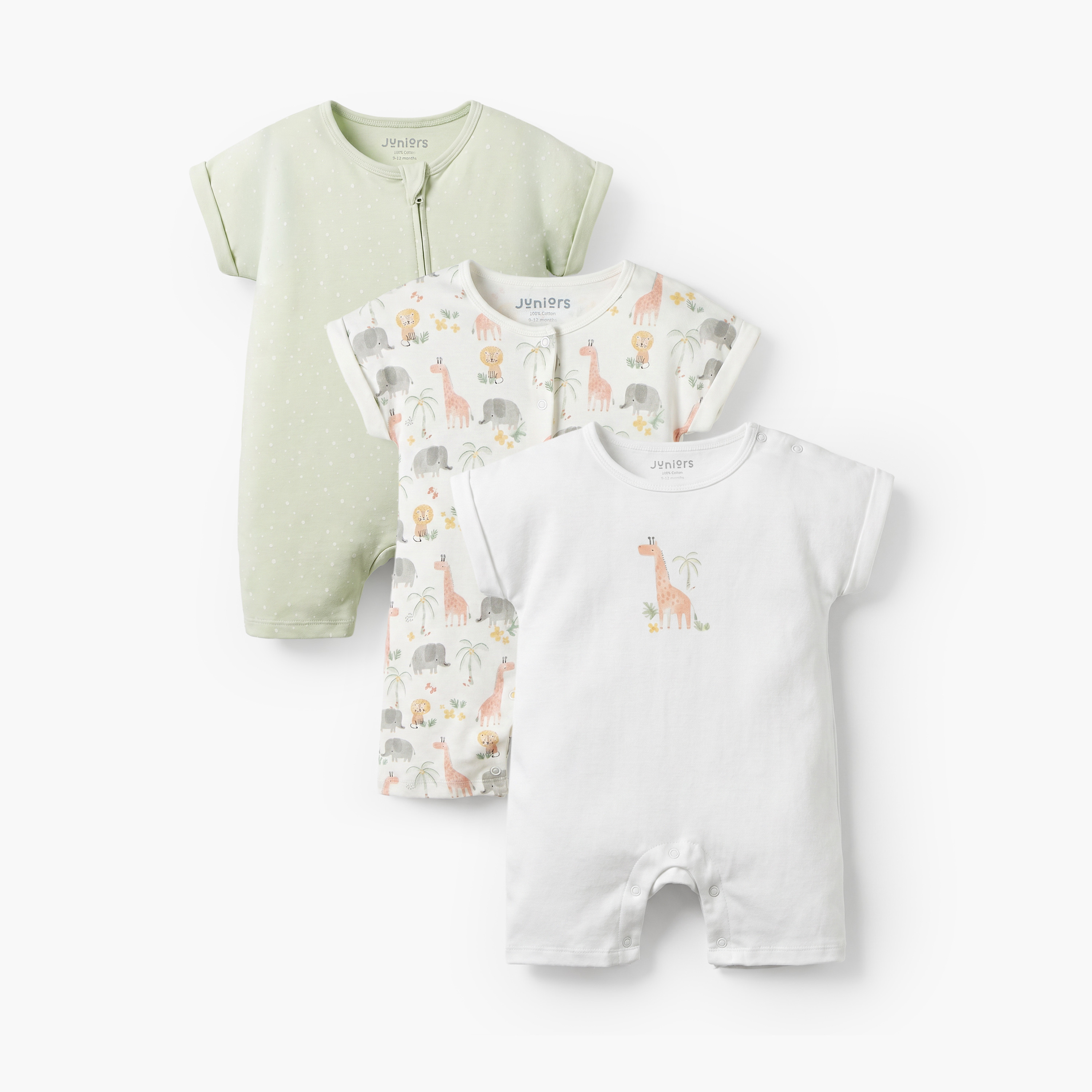 Pack of 3 Juniors Crew Neck Short Sleeves Rompers with Safari Print-baby-girls-clothing-rompers-image-1
