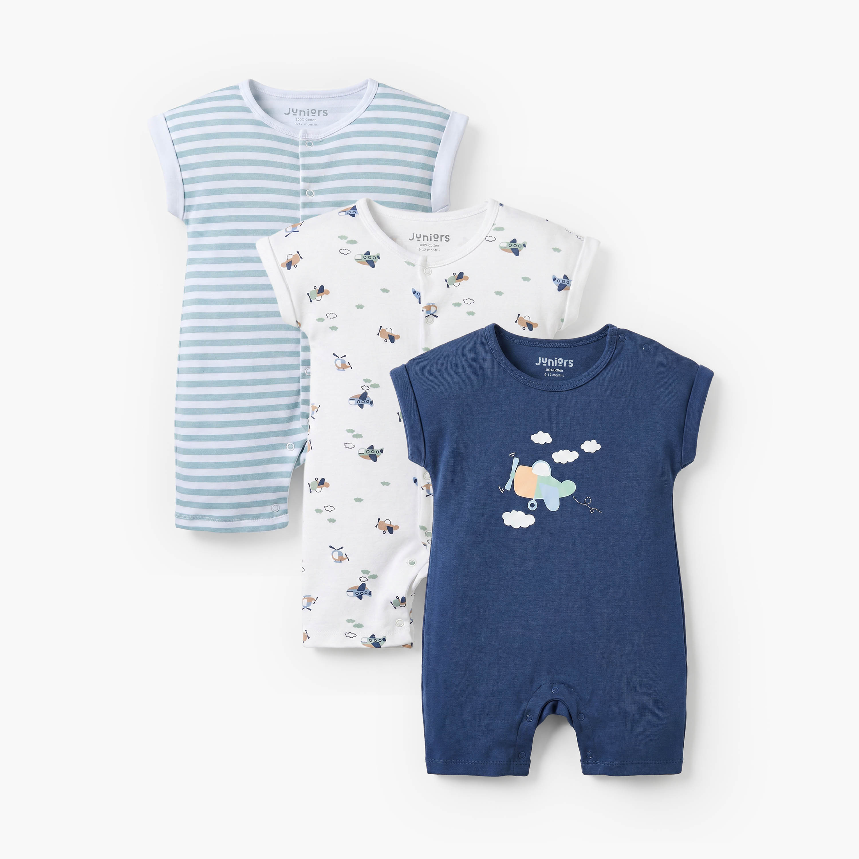 Pack of 3 Juniors Crew Neck Short Sleeves Rompers with Aeroplane Print-baby-boys-clothing-rompers-image-1