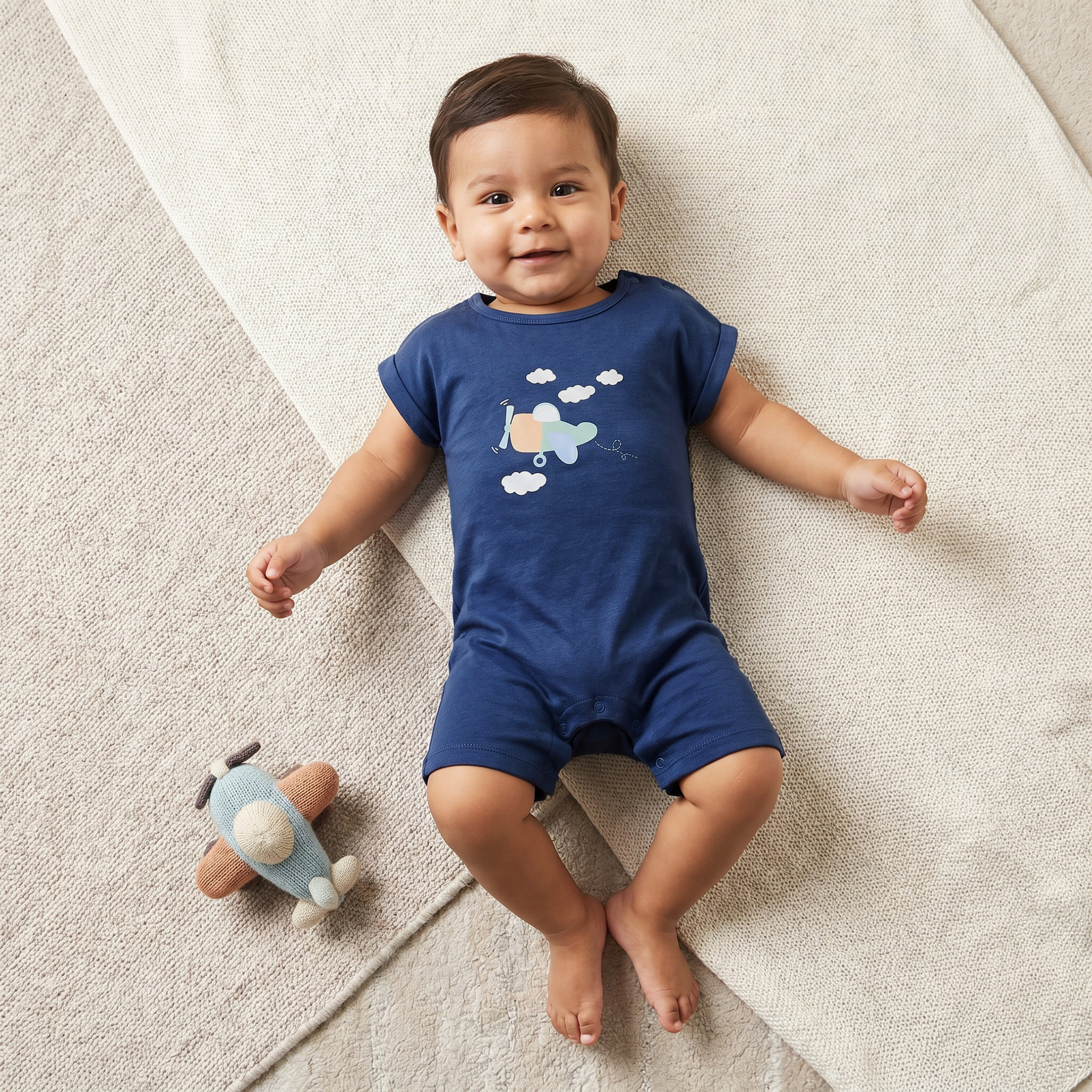 Pack of 3 Juniors Crew Neck Short Sleeves Rompers with Aeroplane Print-baby-boys-clothing-rompers-image-2