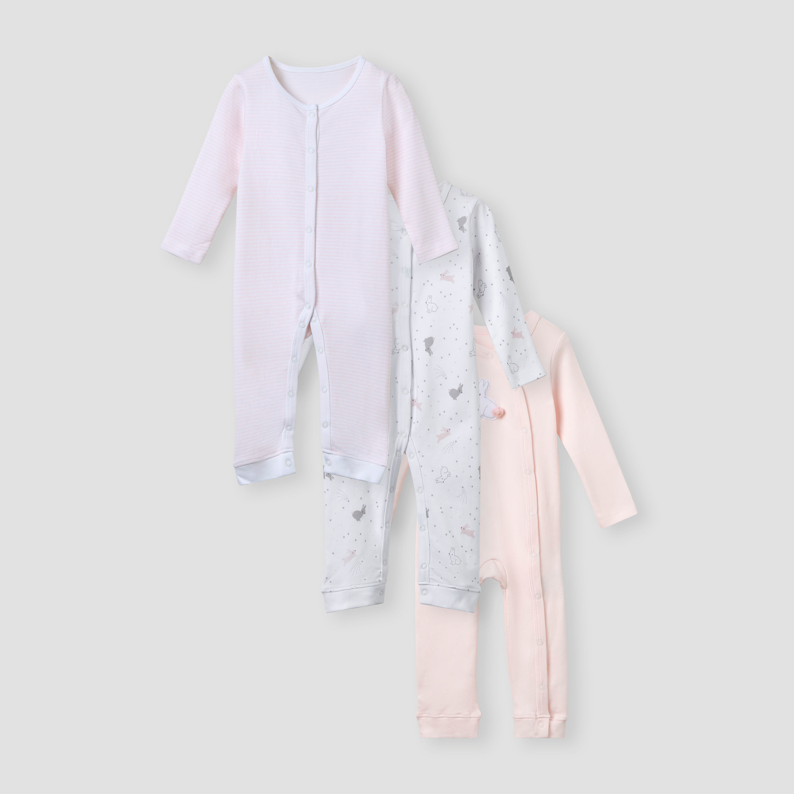 Juniors Assorted Sleepsuit with Long Sleeves and Button Closure - Set of 3-baby-girls-clothing-nightwear-sleepsuits-image-1