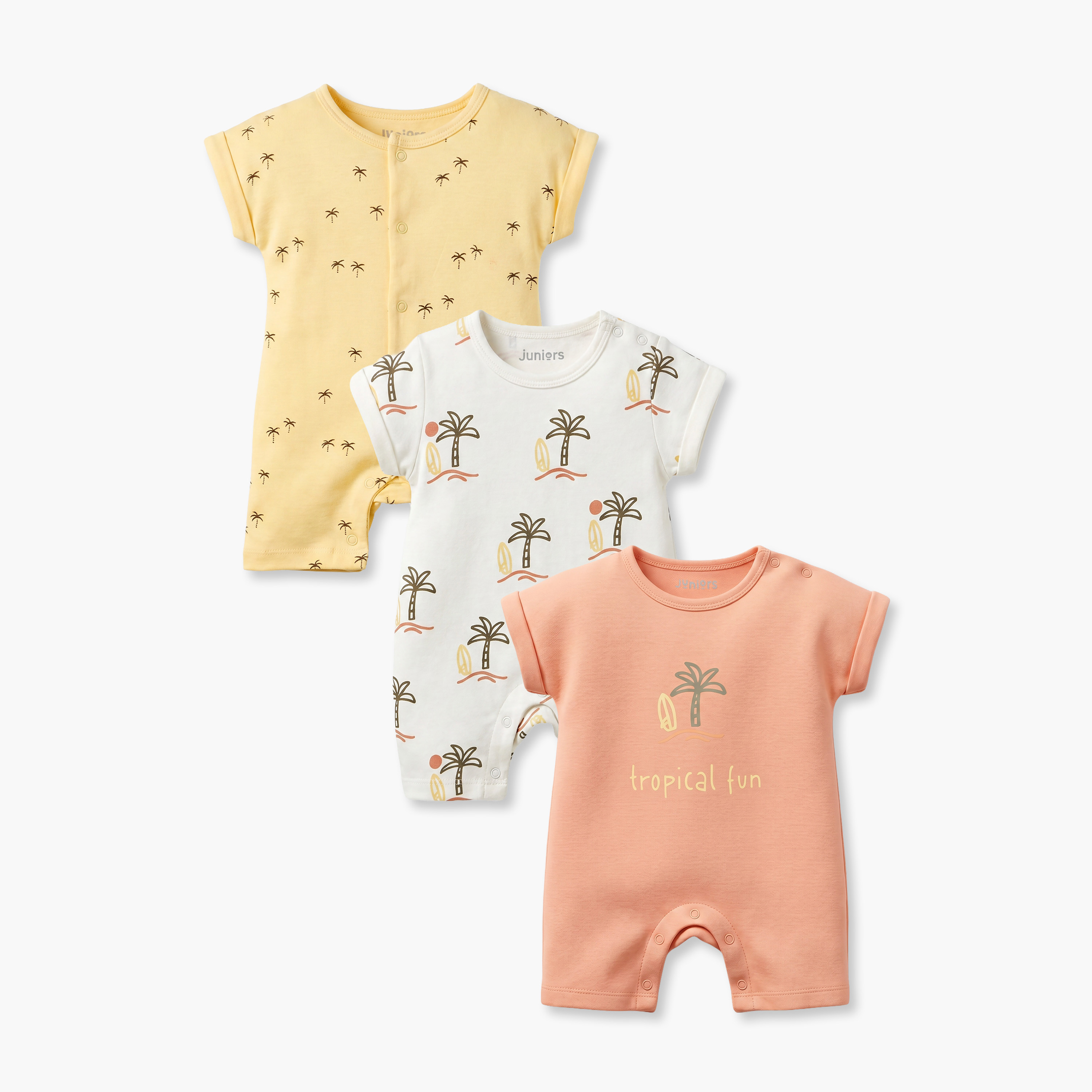 Pack of 3 Juniors Round Neck Short Sleeves Romper with Snap Button Closure-baby-boys-clothing-rompers-image-1