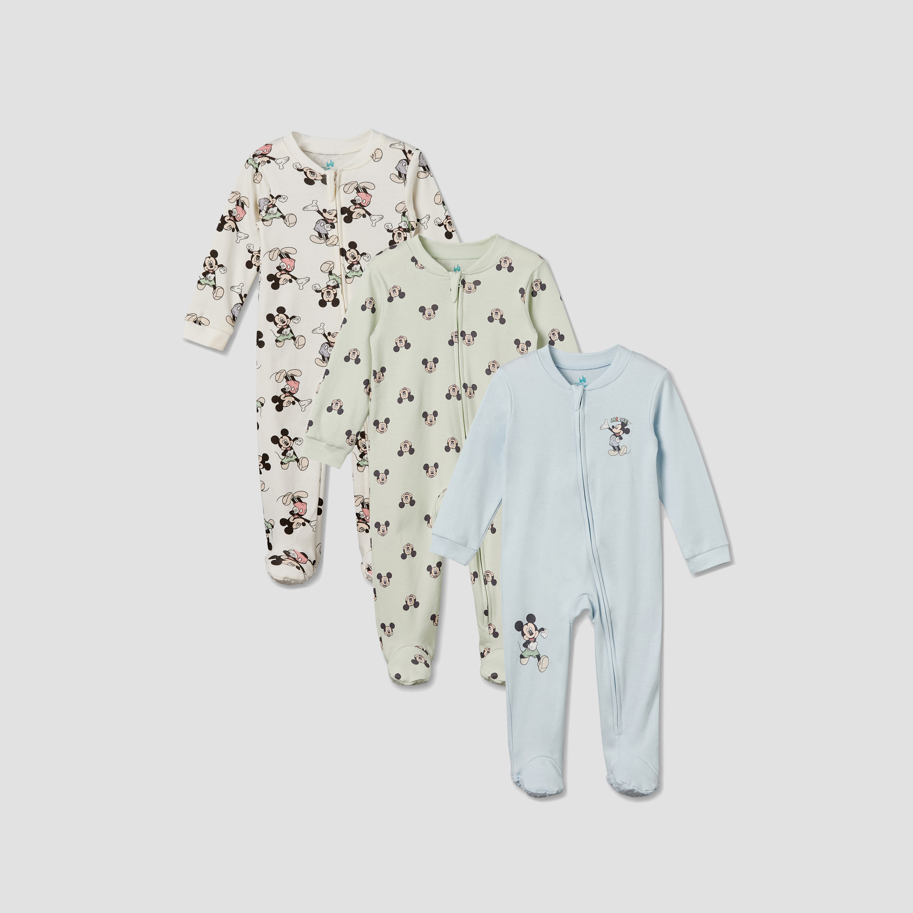 Pack of 3 Disney Cotton Mandarin Collar Long Sleeve Sleepsuit with Mickey Mouse Print-baby-boys-clothing-nightwear-sleepsuits-image-1
