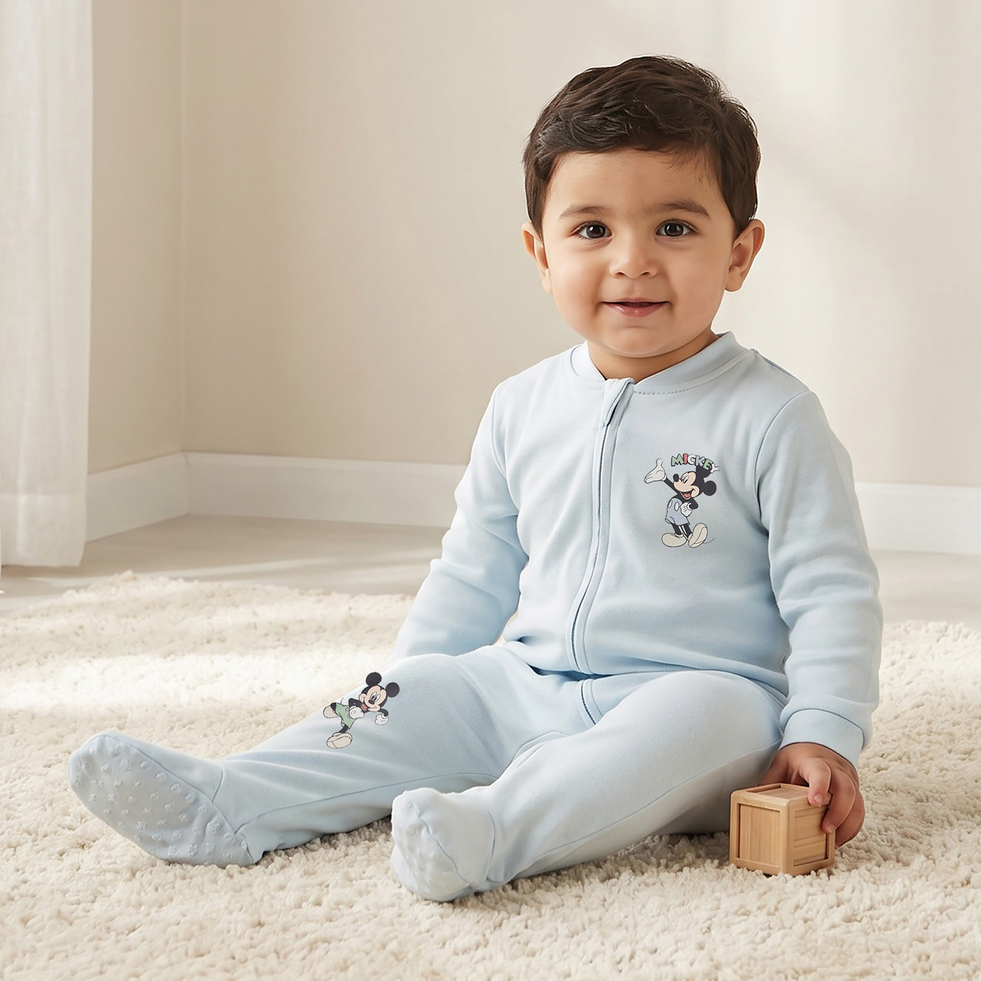 Pack of 3 Disney Cotton Mandarin Collar Long Sleeve Sleepsuit with Mickey Mouse Print-baby-boys-clothing-nightwear-sleepsuits-image-2