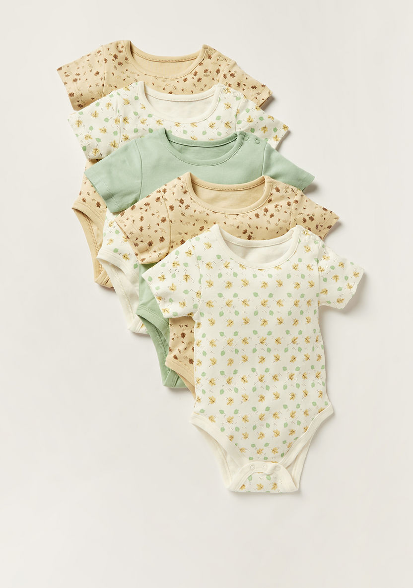 Juniors Leaf Print Bodysuit with Short Sleeves and Snap Button Closure - Set of 5-Multipacks-image-0