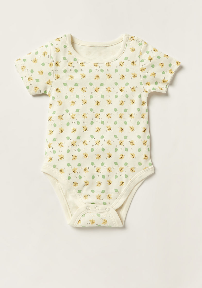 Juniors Leaf Print Bodysuit with Short Sleeves and Snap Button Closure - Set of 5-Multipacks-image-4