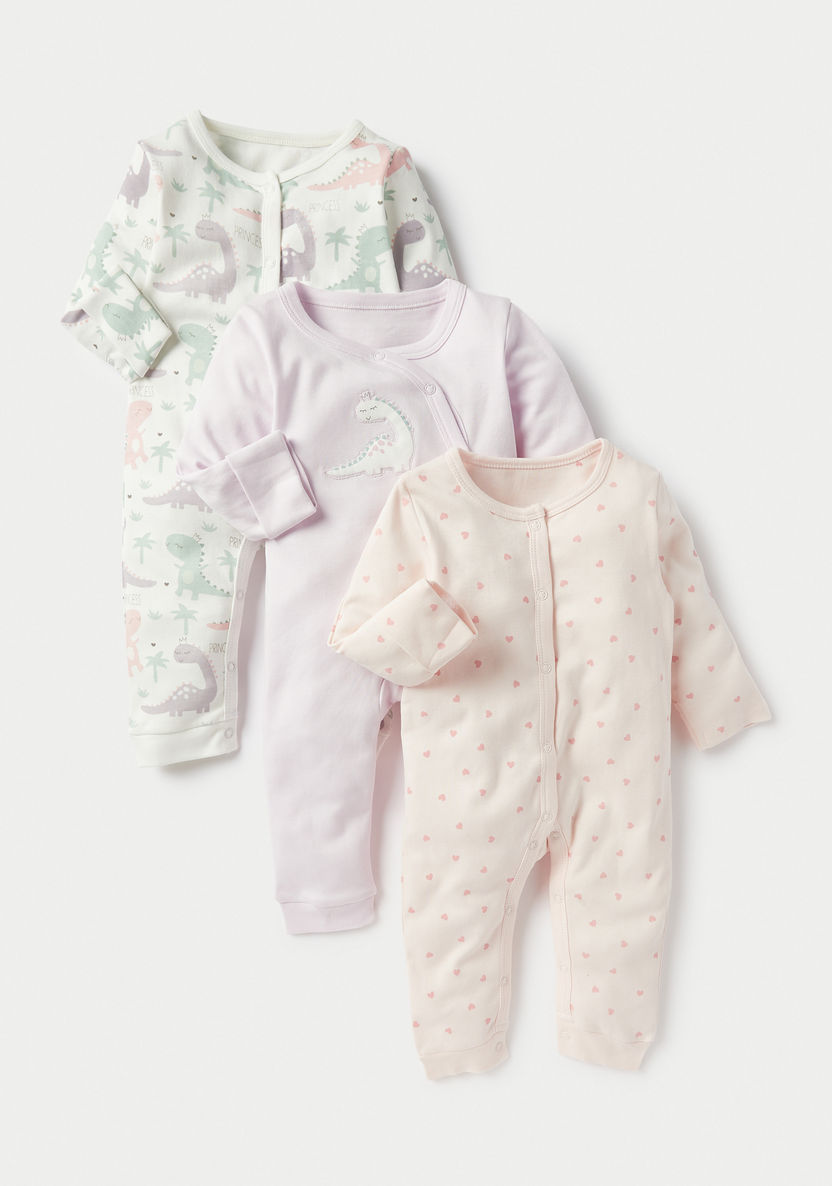 Juniors Dinosaur Print Sleepsuit with Long Sleeves and Snap Button Closure - Set of 3-Sleepsuits-image-0