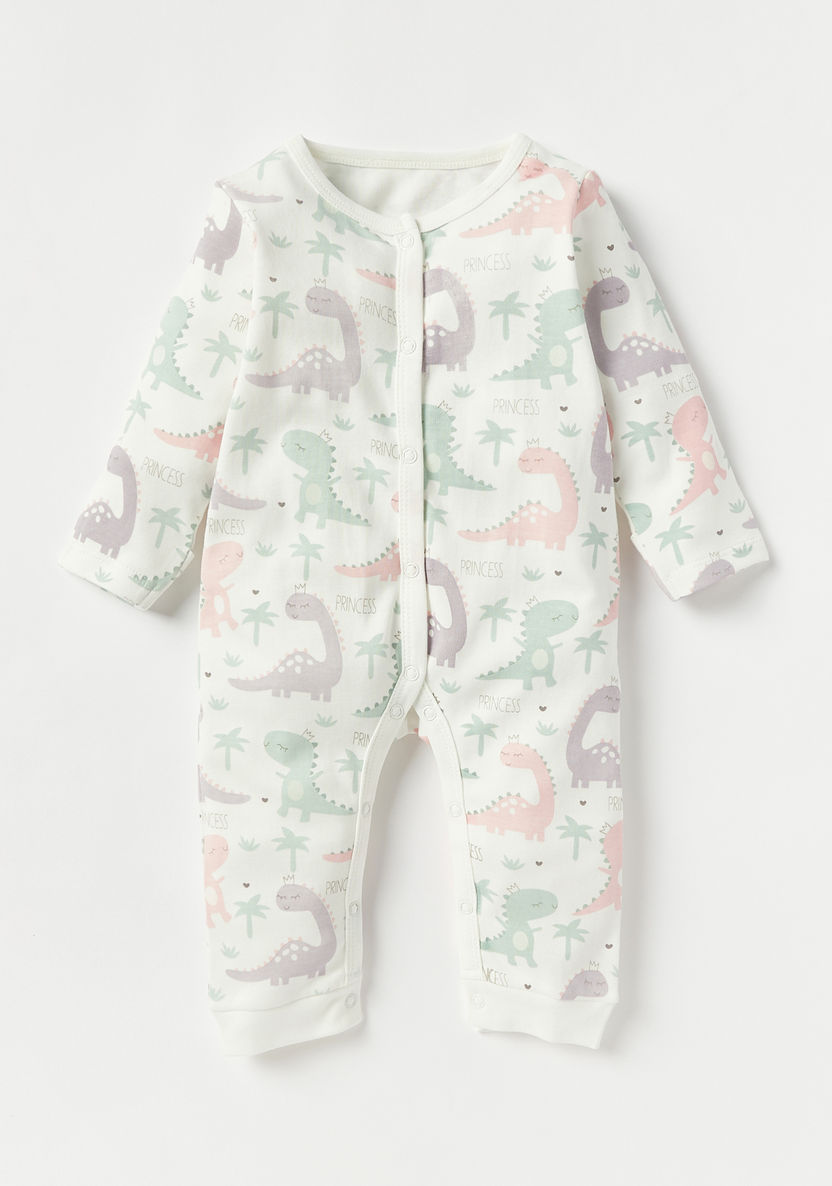 Juniors Dinosaur Print Sleepsuit with Long Sleeves and Snap Button Closure - Set of 3-Sleepsuits-image-3