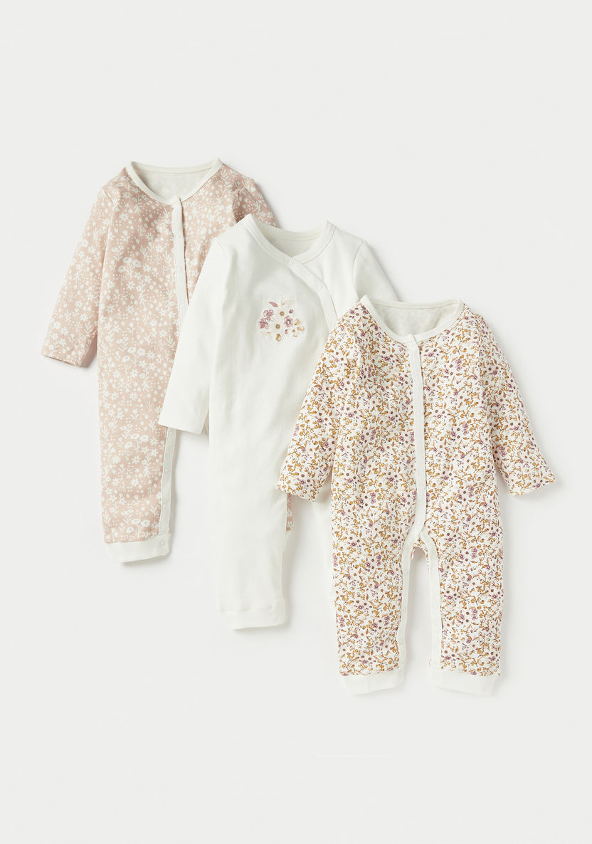 Juniors Floral Print Sleepsuit with Long Sleeves and Snap Button Closure - Set of 3-Sleepsuits-image-0