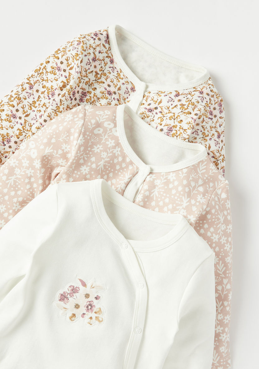 Juniors Floral Print Sleepsuit with Long Sleeves and Snap Button Closure - Set of 3-Sleepsuits-image-4