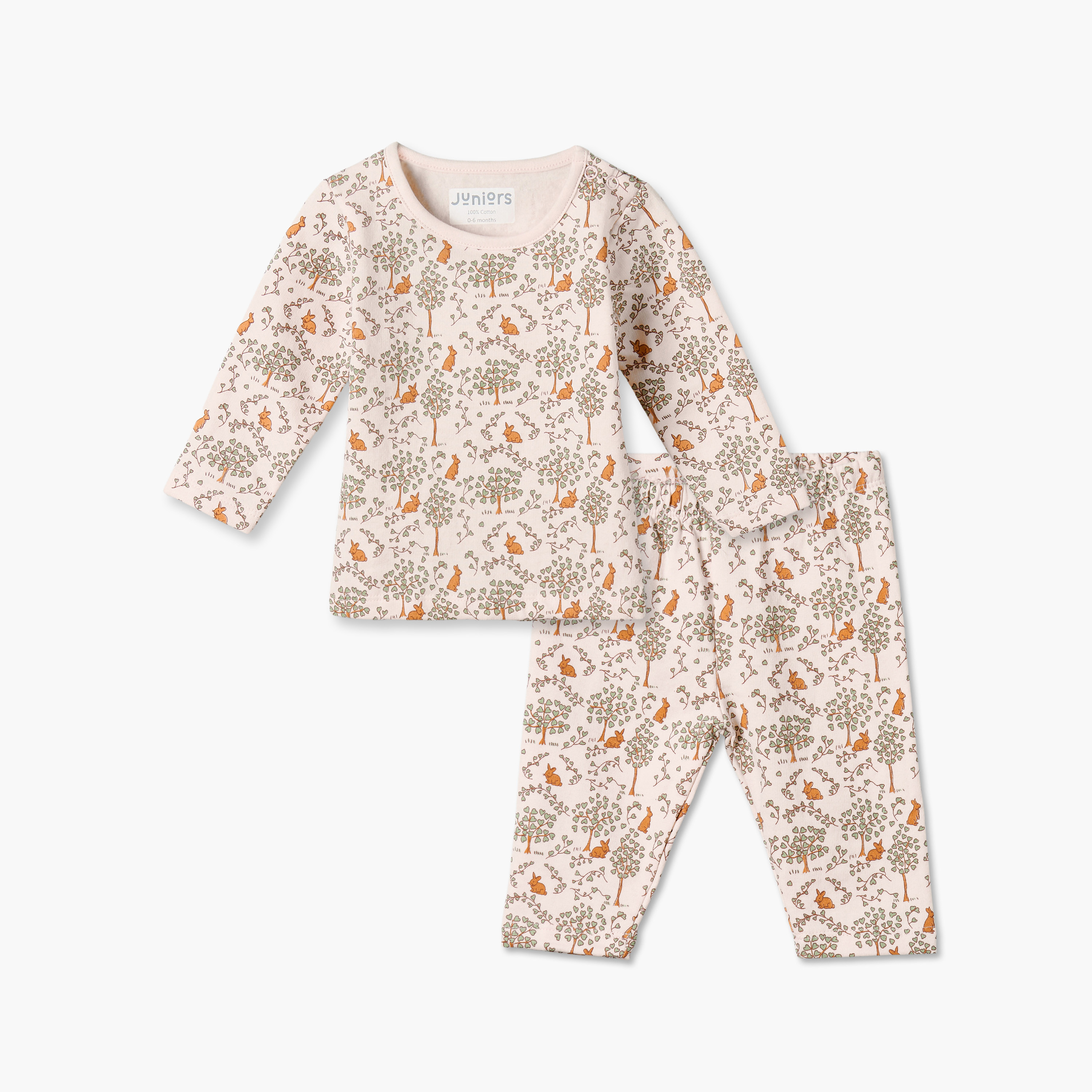 Juniors Cotton Round Neck Long Sleeves Pyjama Set with Rabbit Print-baby-girls-clothing-nightwear-pyjamasets-image-1