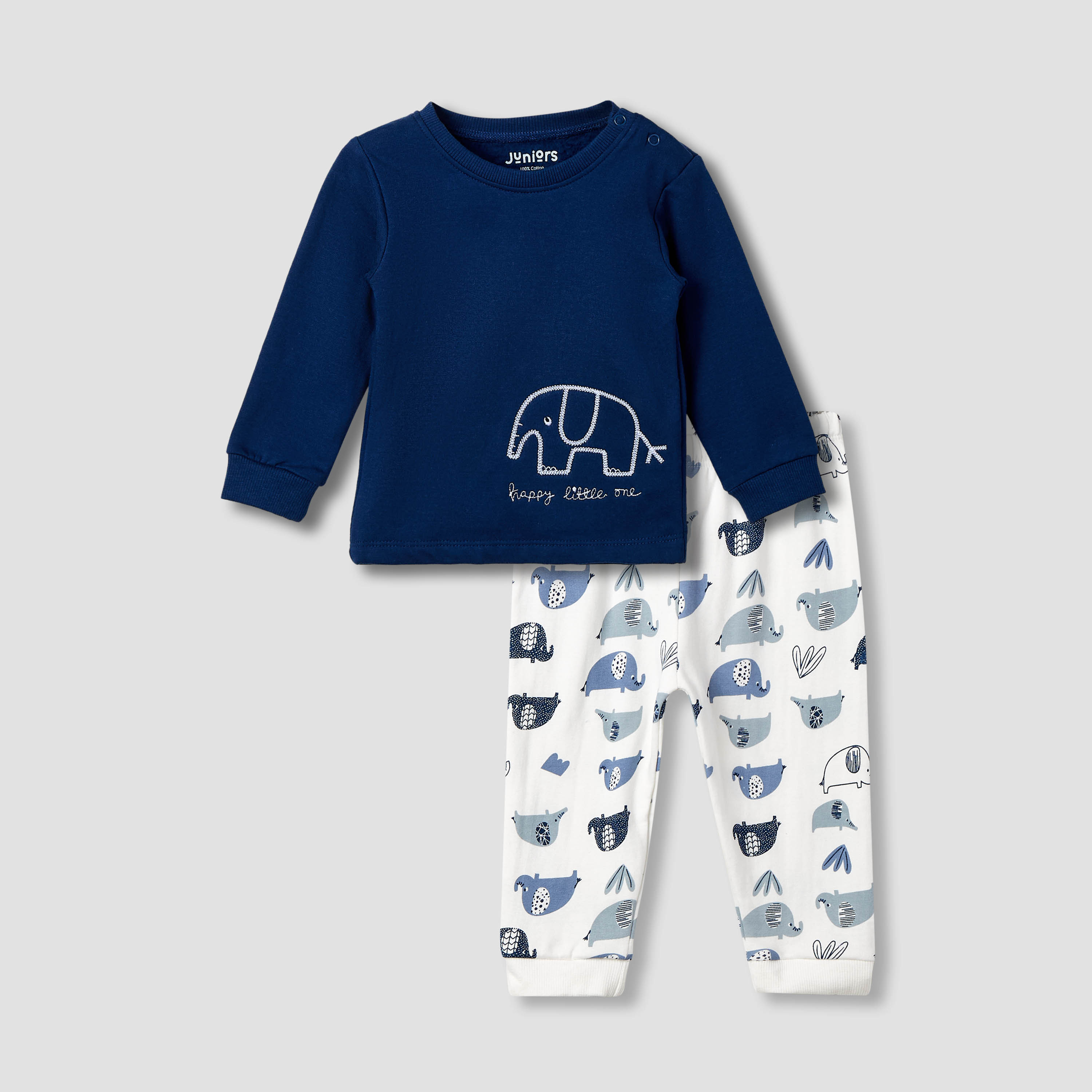 Juniors Elephant Embroidered T-shirt and Pyjama Set-baby-boys-clothing-nightwear-pyjamasets-image-1