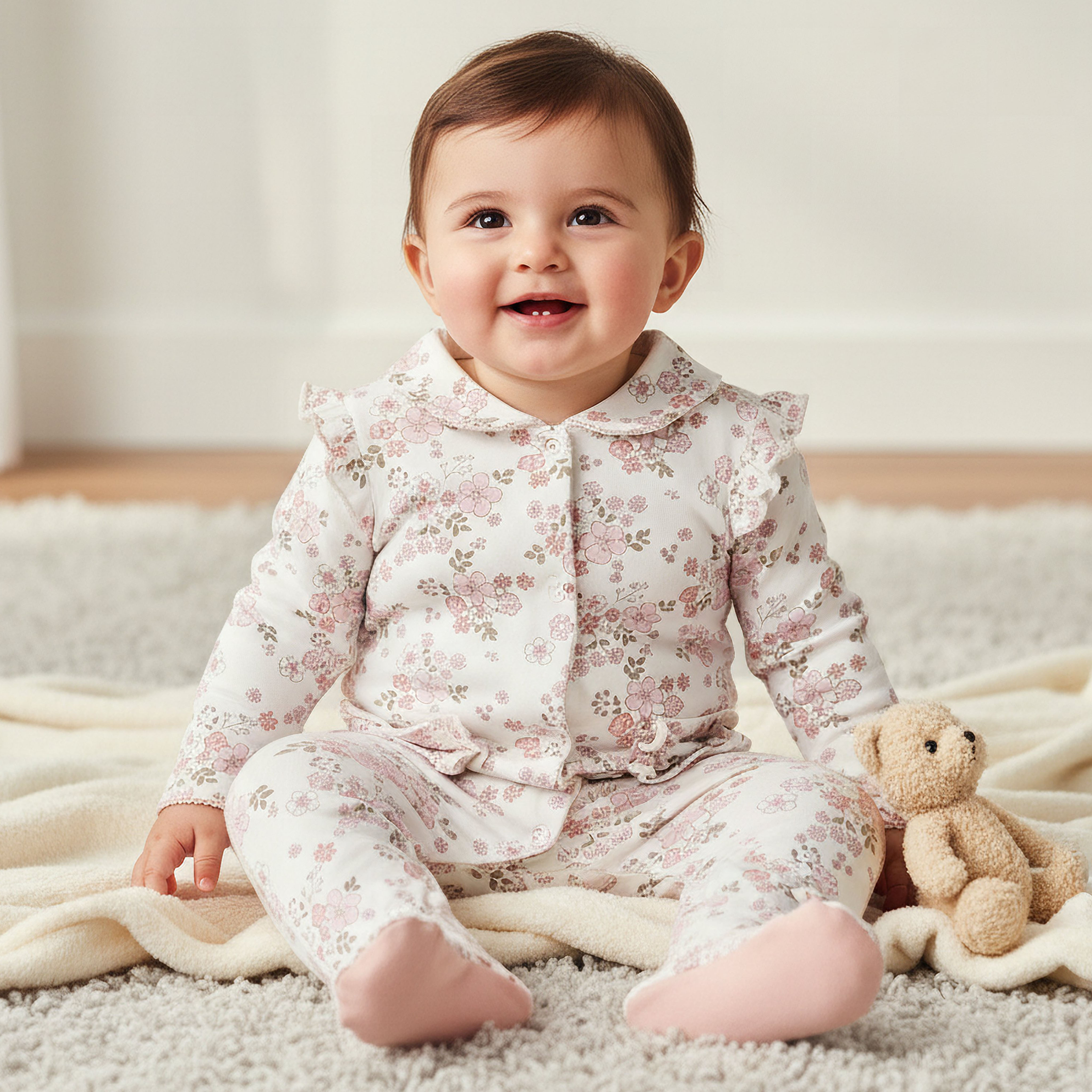 Juniors Cotton Hooded Long Sleeve Sleepsuit with Floral Print-baby-girls-clothing-nightwear-sleepsuits-image-1