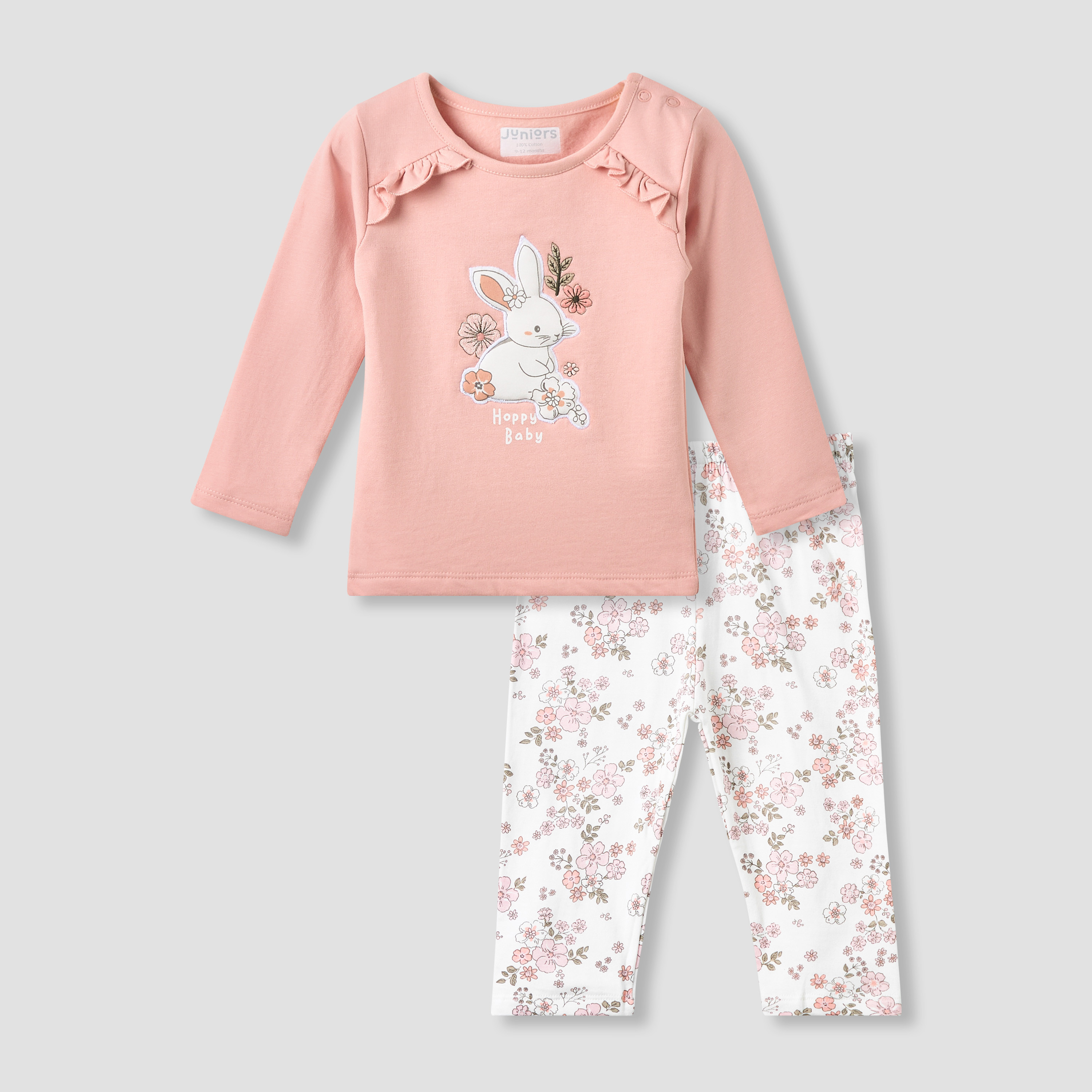 Juniors Cotton Round Neck Long Sleeves Pyjama Set with Bunny Applique-baby-girls-clothing-nightwear-pyjamasets-image-2