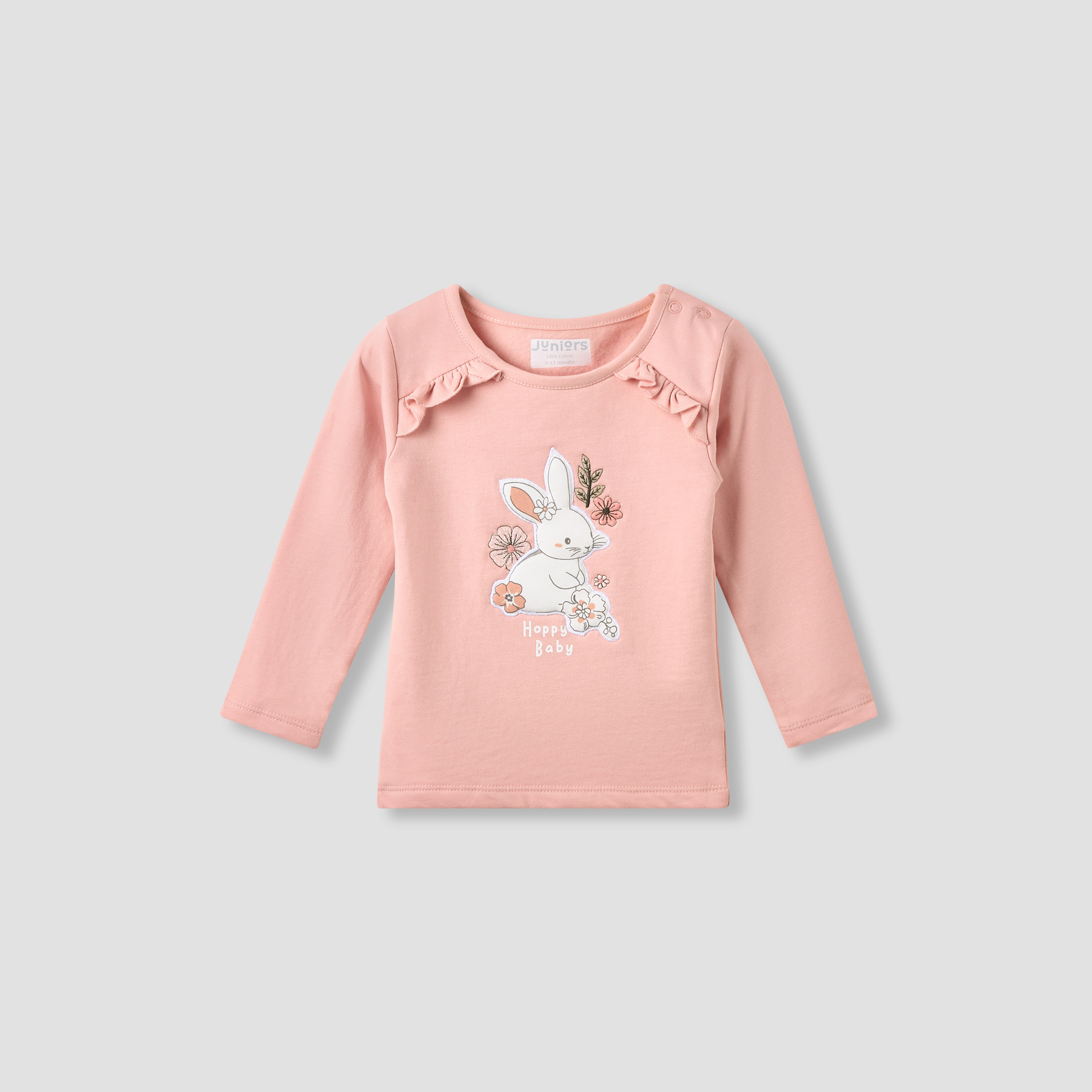 Juniors Cotton Round Neck Long Sleeves Pyjama Set with Bunny Applique-baby-girls-clothing-nightwear-pyjamasets-image-3