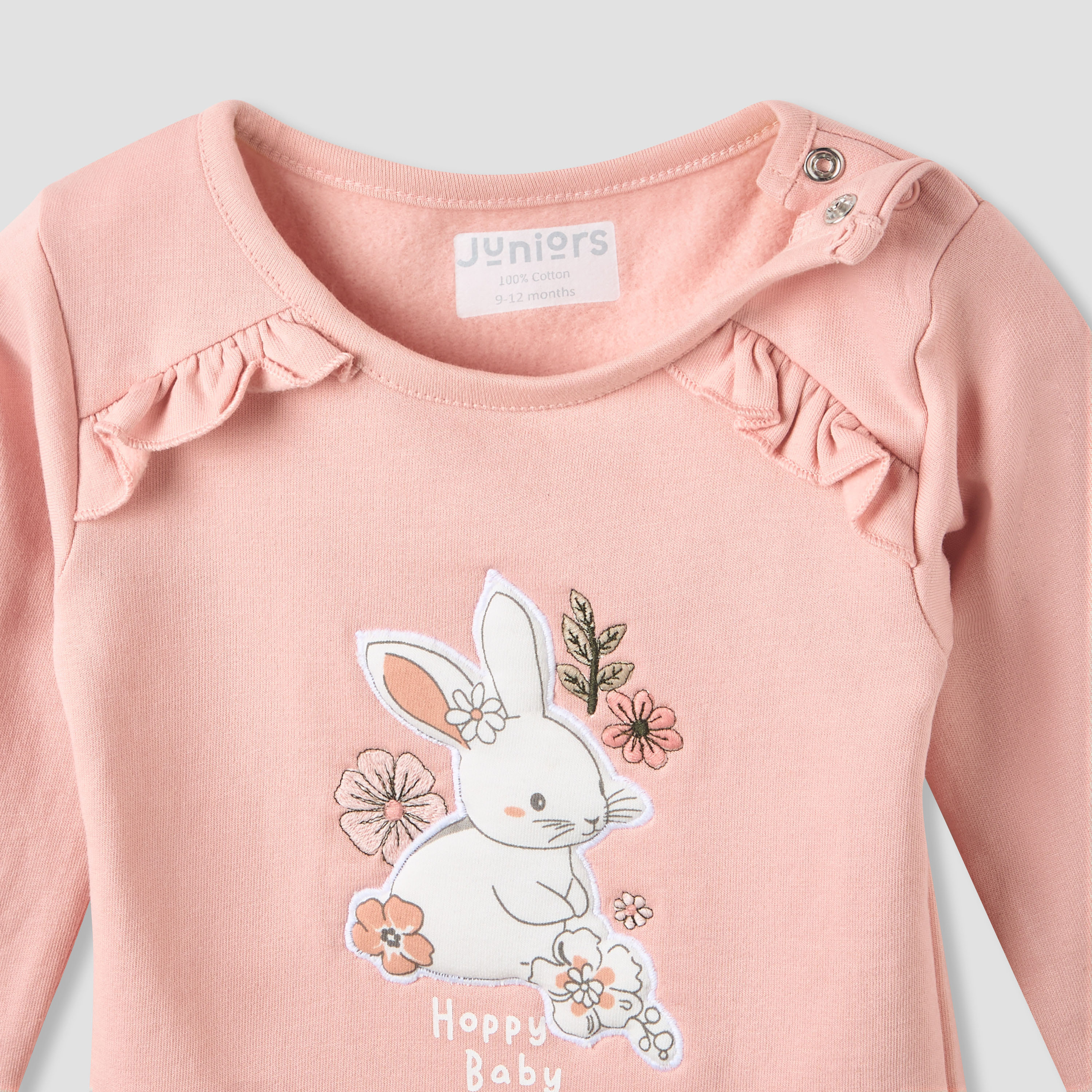 Juniors Cotton Round Neck Long Sleeves Pyjama Set with Bunny Applique-baby-girls-clothing-nightwear-pyjamasets-image-5