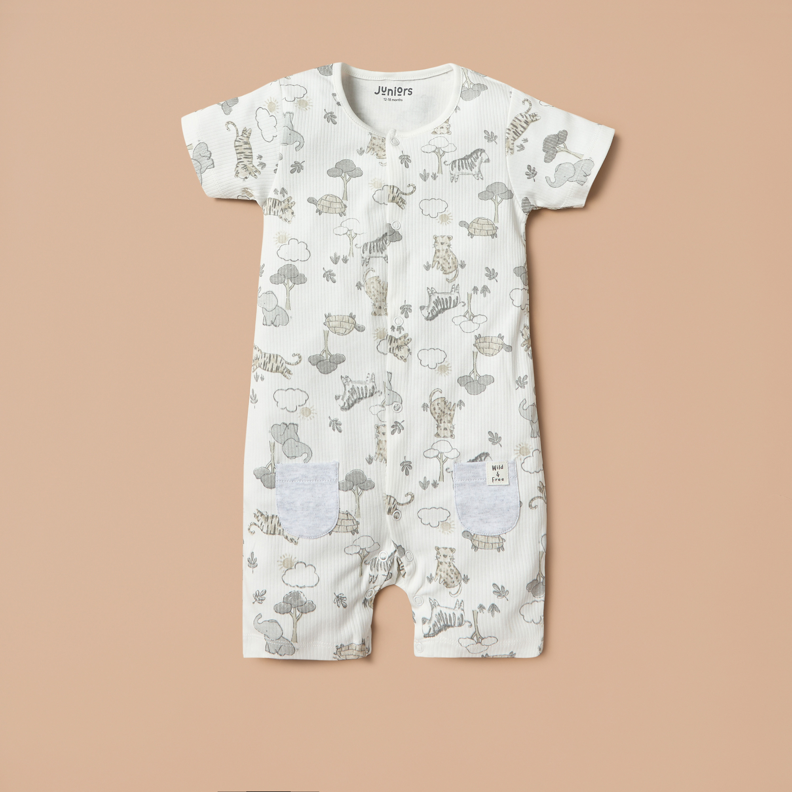 Juniors All-Over Safari Print Romper with Short Sleeves and Snap Button Closure-baby-boys-clothing-winterwear-rompers-image-1