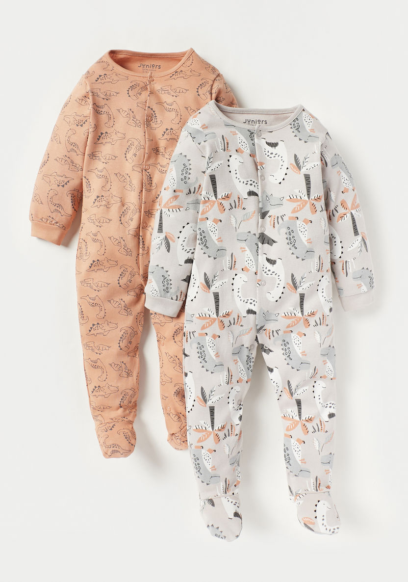Juniors Dino Print Sleepsuit with Button Closure - Set of 2-Sleepsuits-image-0