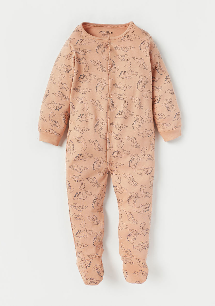 Juniors Dino Print Sleepsuit with Button Closure - Set of 2-Sleepsuits-image-2