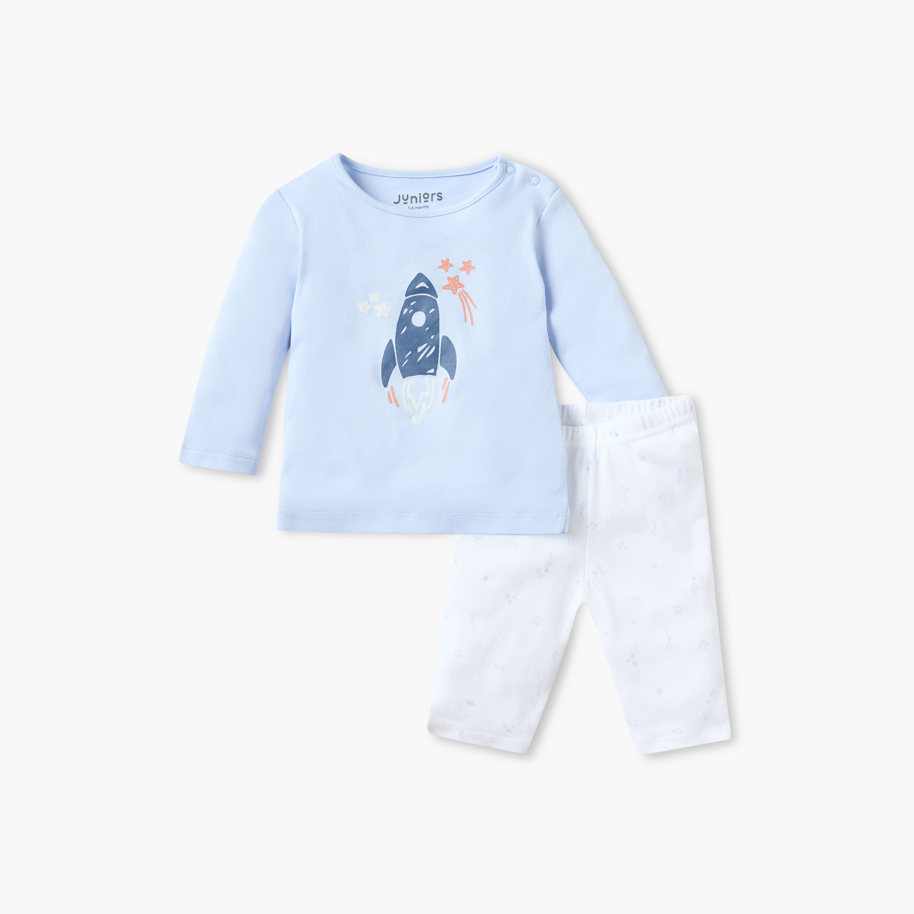 Juniors Rocket Print Long Sleeves T-shirt and Elasticated Pyjama Set-baby-boys-clothing-nightwear-pyjamasets-image-1