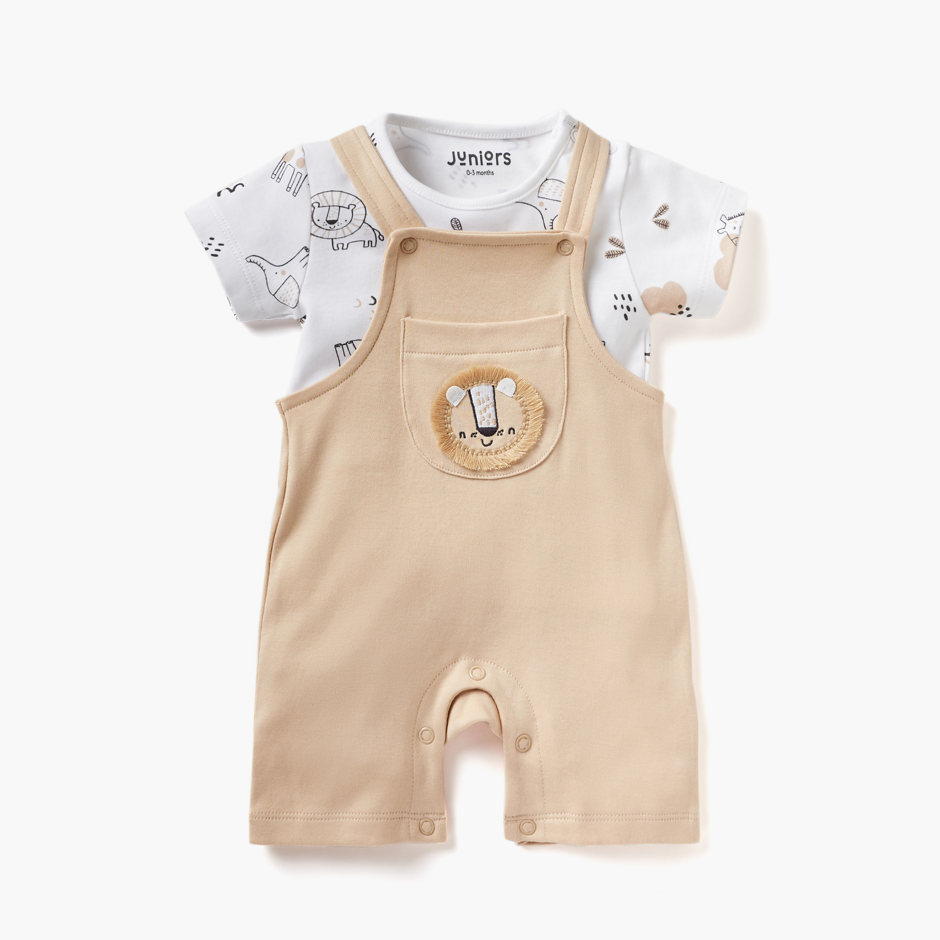 Juniors Lion Applique Detail Dungaree and T-shirt Set-baby-girls-clothing-setsandcoords-image-1