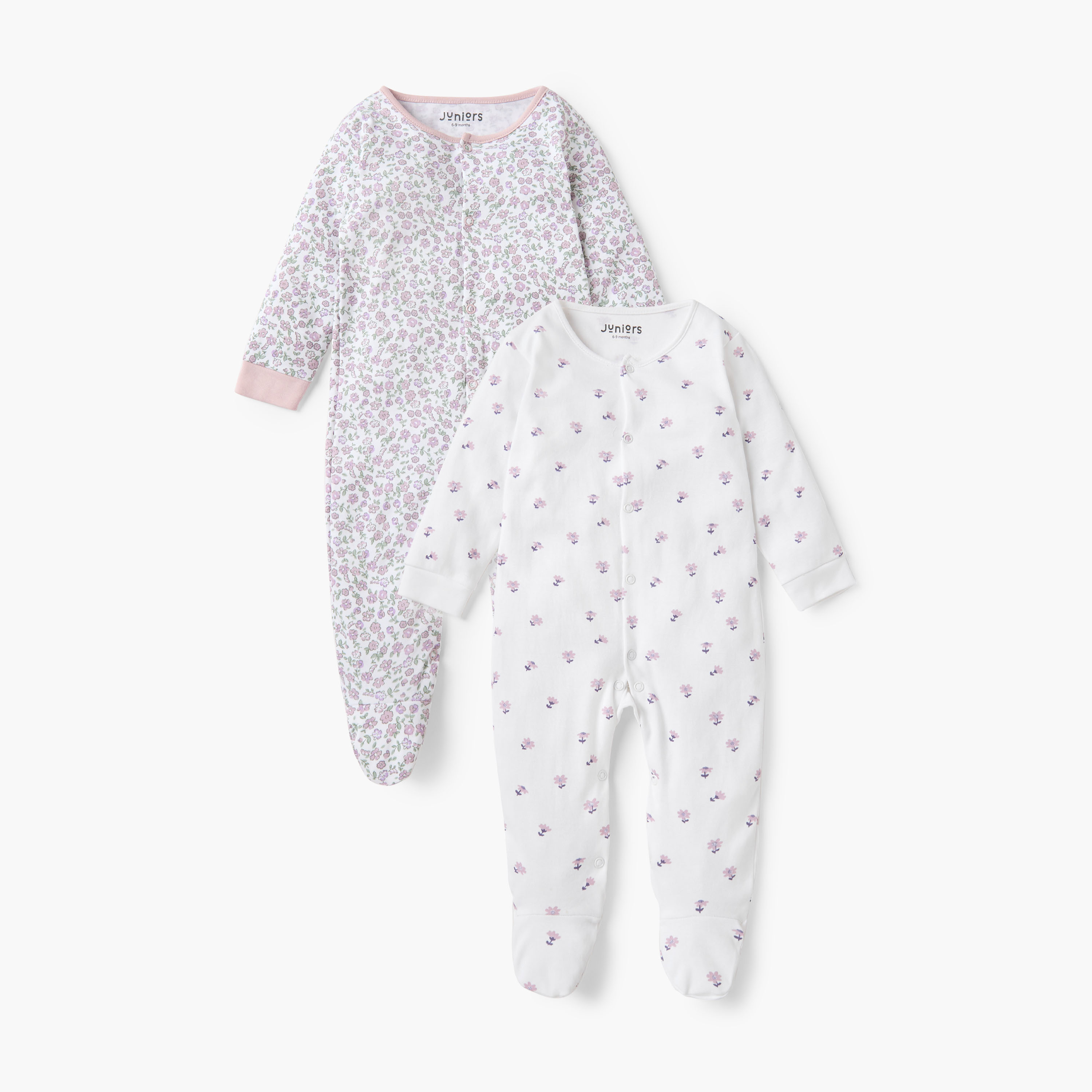 Juniors Floral Sleepsuit with Round Neck and Long Sleeves - Set of 2-baby-girls-clothing-nightwear-sleepsuits-image-1