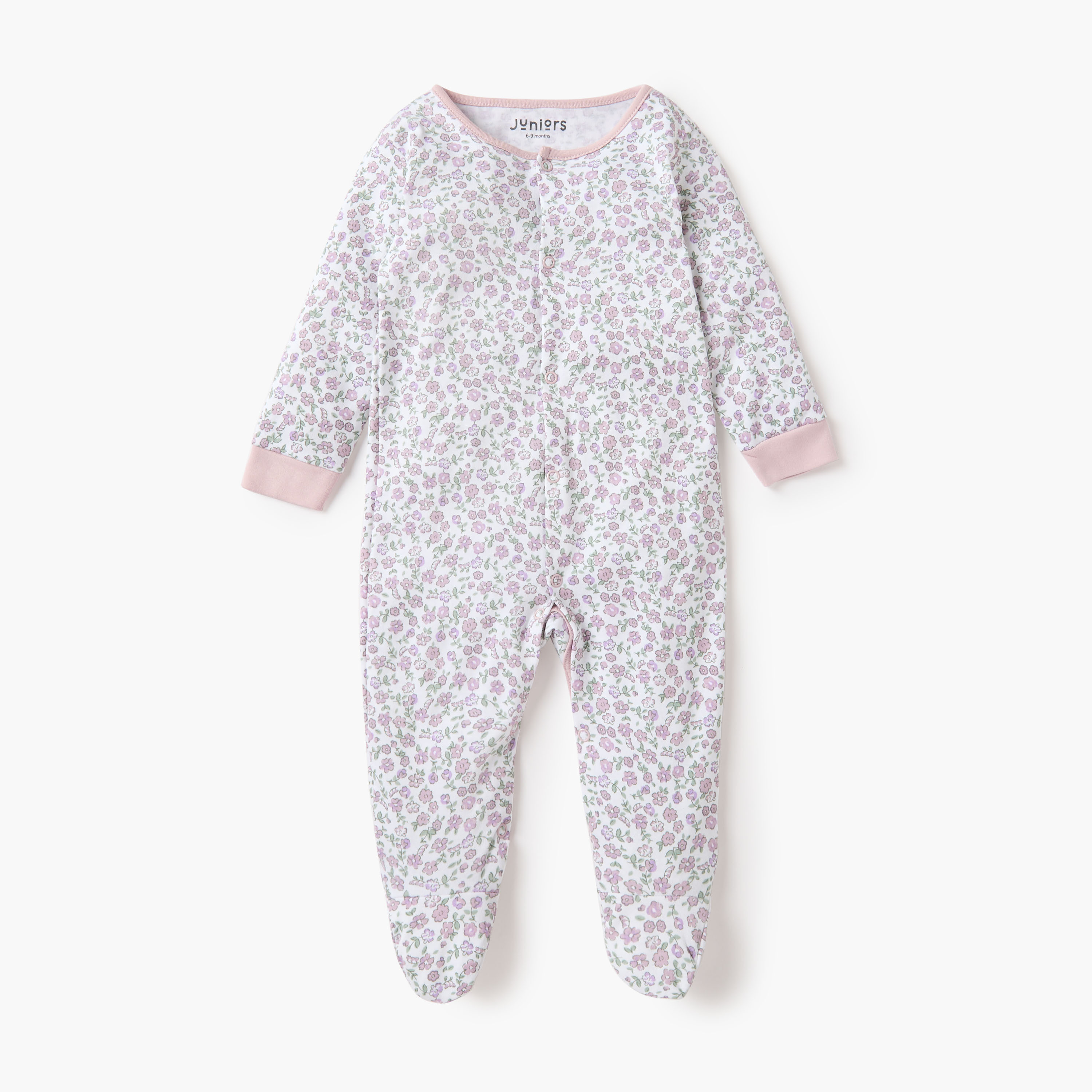 Juniors Floral Sleepsuit with Round Neck and Long Sleeves - Set of 2-baby-girls-clothing-nightwear-sleepsuits-image-2