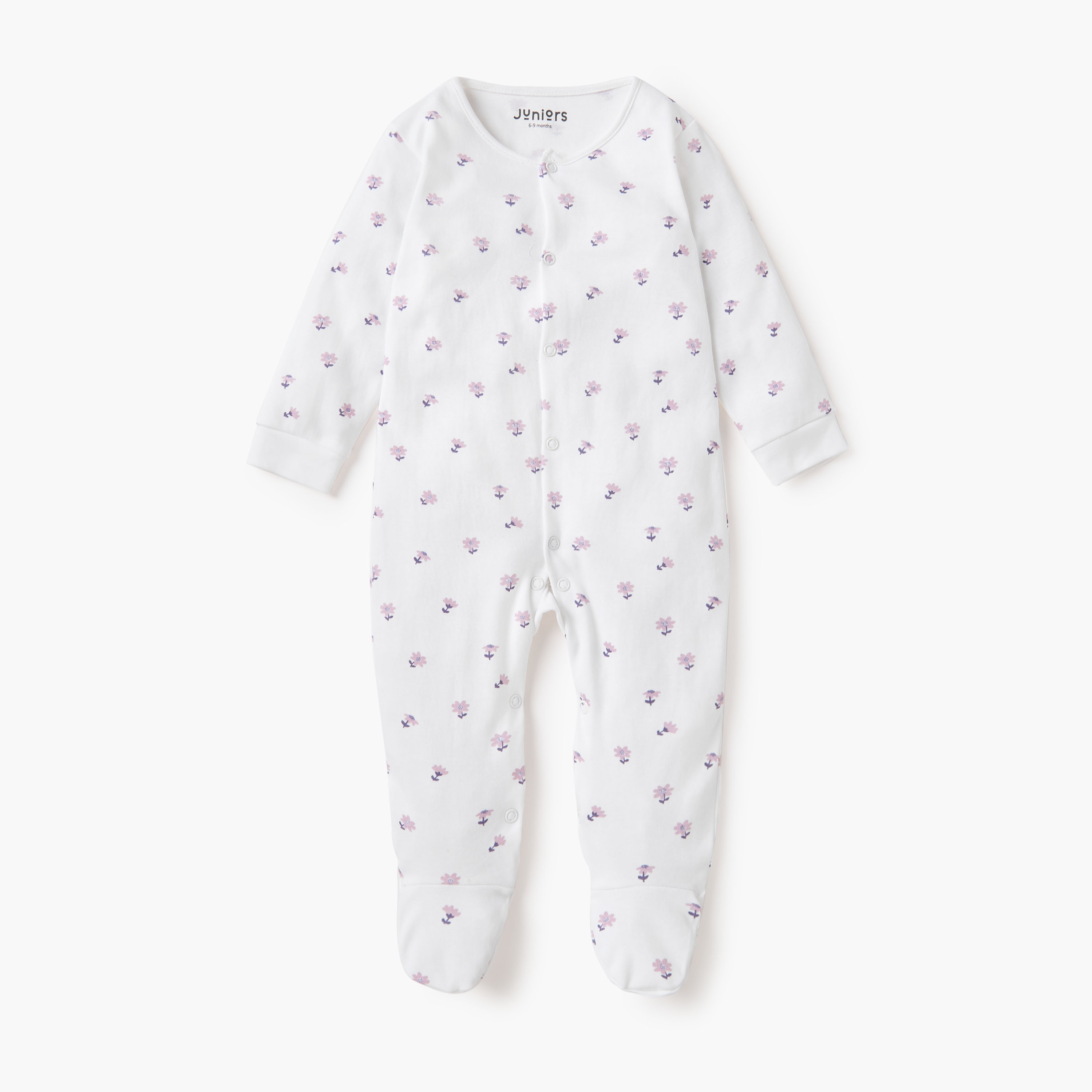 Juniors Floral Sleepsuit with Round Neck and Long Sleeves - Set of 2-baby-girls-clothing-nightwear-sleepsuits-image-3