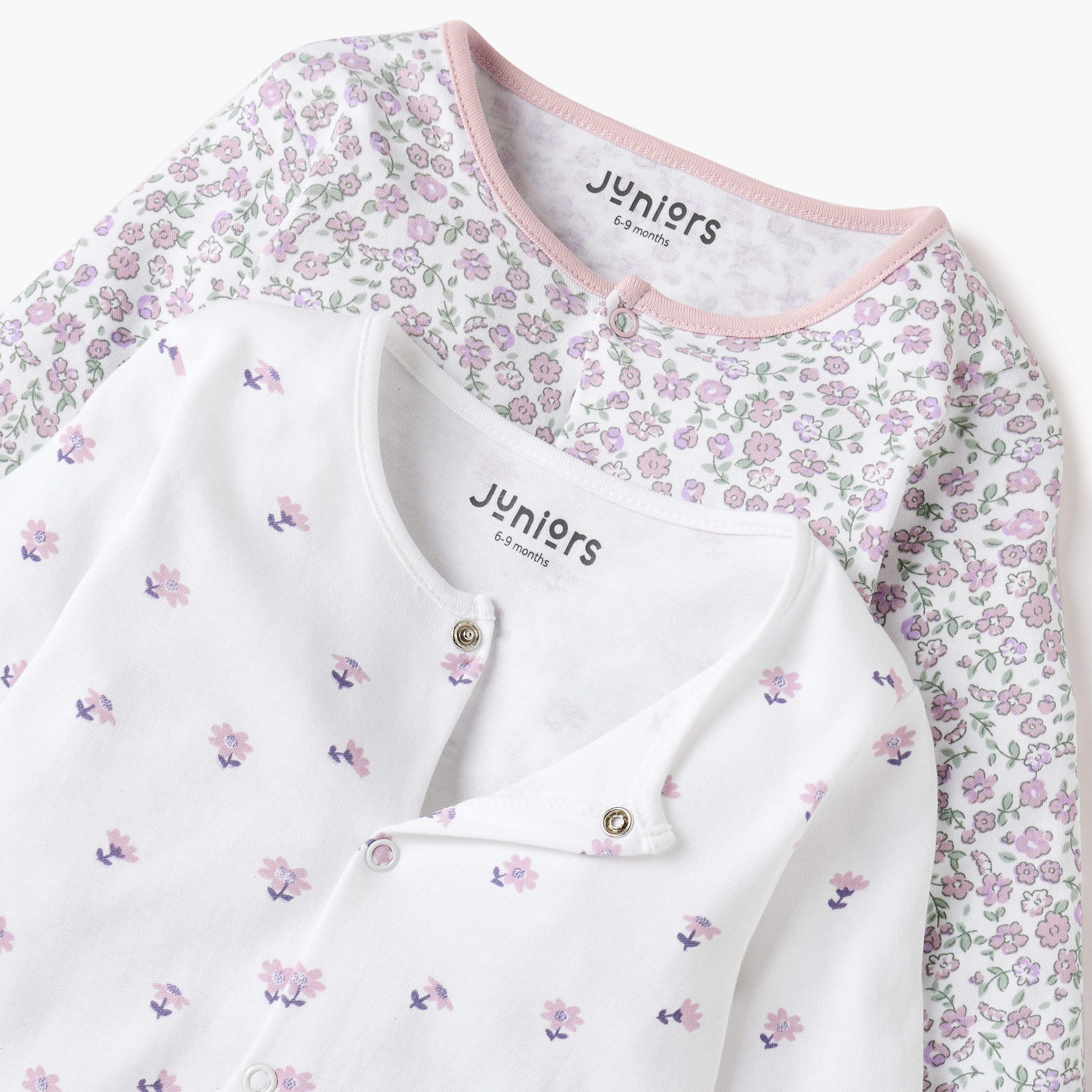 Juniors Floral Sleepsuit with Round Neck and Long Sleeves - Set of 2-baby-girls-clothing-nightwear-sleepsuits-image-4
