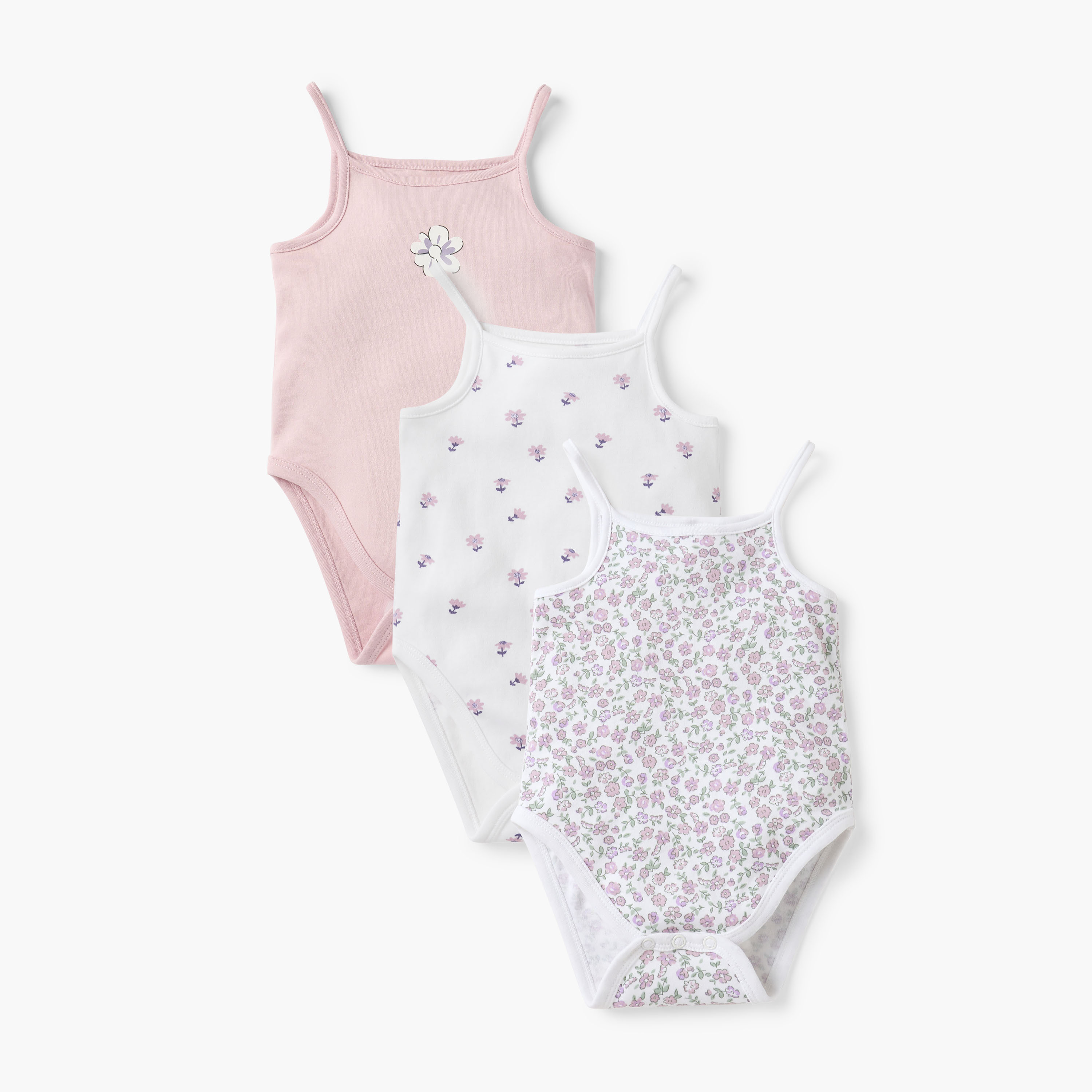 Juniors Floral Print Strappy Bodysuit with Snap Button Closure - Set of 3-baby-girls-clothing-bodysuits-image-1